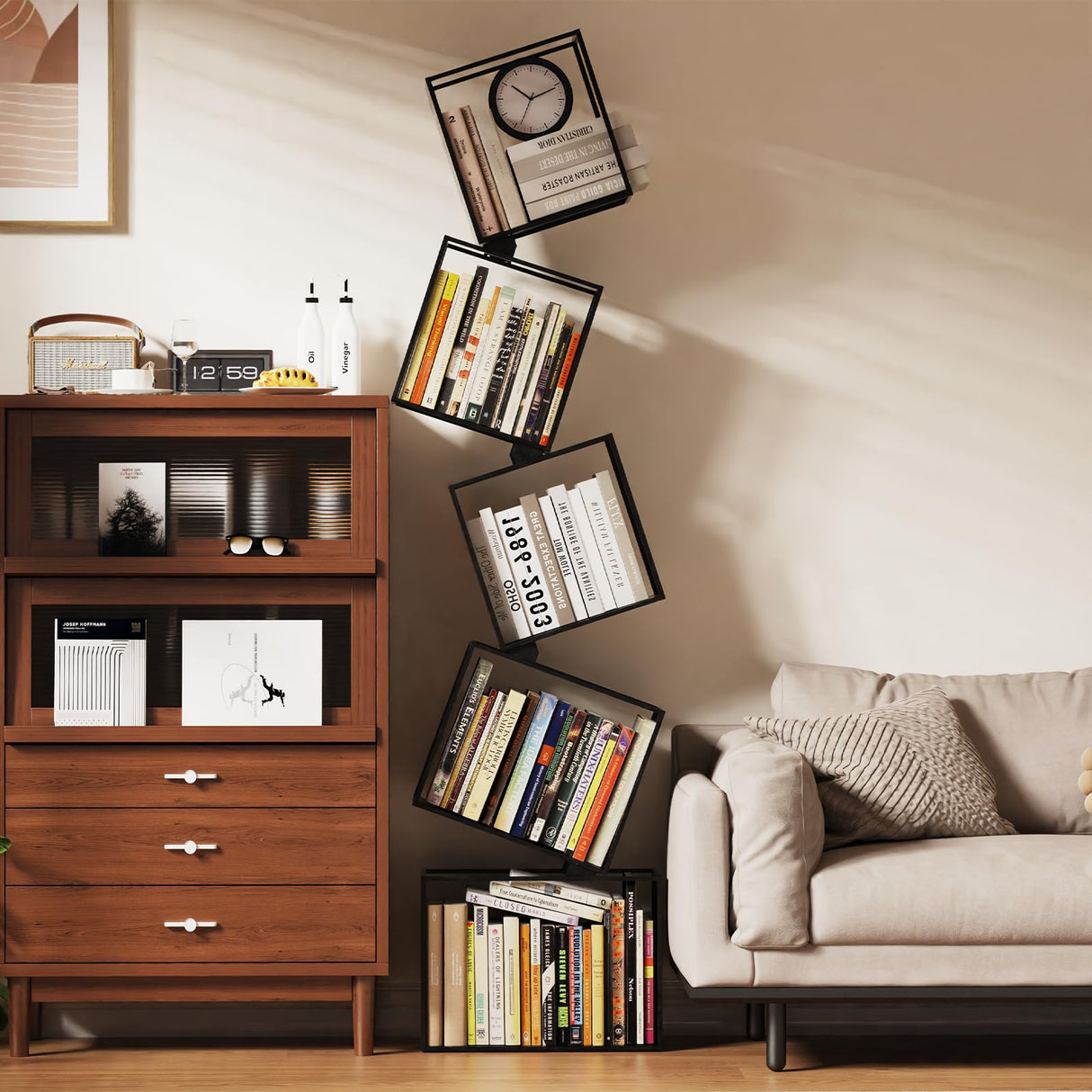 Kunicely 5-Tier Metal Geometric Bookshelf – Modern Narrow Floor Bookcase, Space-Saving Organizer for Living Room, Bedroom, Office, Corner – Black Kunicely