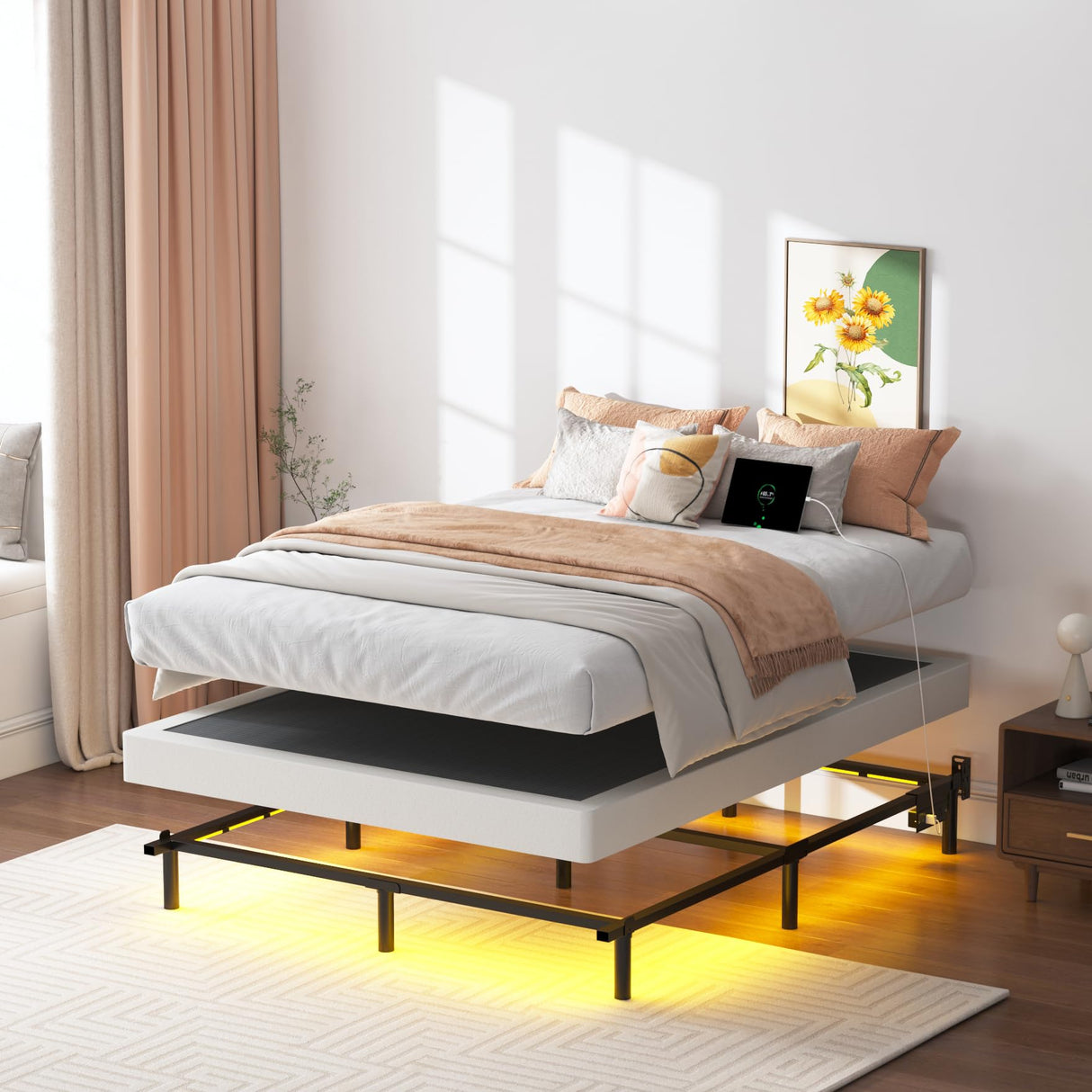 Bed Frame with Charging Station, Queen Bed Frame with LED Lights, 7 Inch High 9-Leg Support Sturdy Bed Base for Box Spring and Mattress, Easy Assembly, Black SHLAND