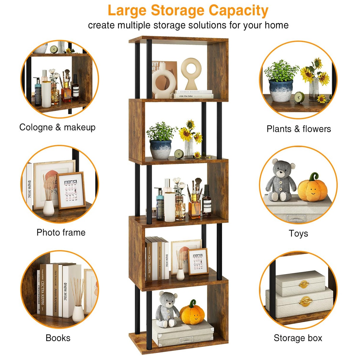 IBUYKE 6-Tier Tall Bookshelf,S-Shaped Geometric Bookcase, Wood Display Shelves with Storage,Industrial Bookshelf for Living Room Bedroom, Home Office, Rustic Brown WBC016H IBUYKE