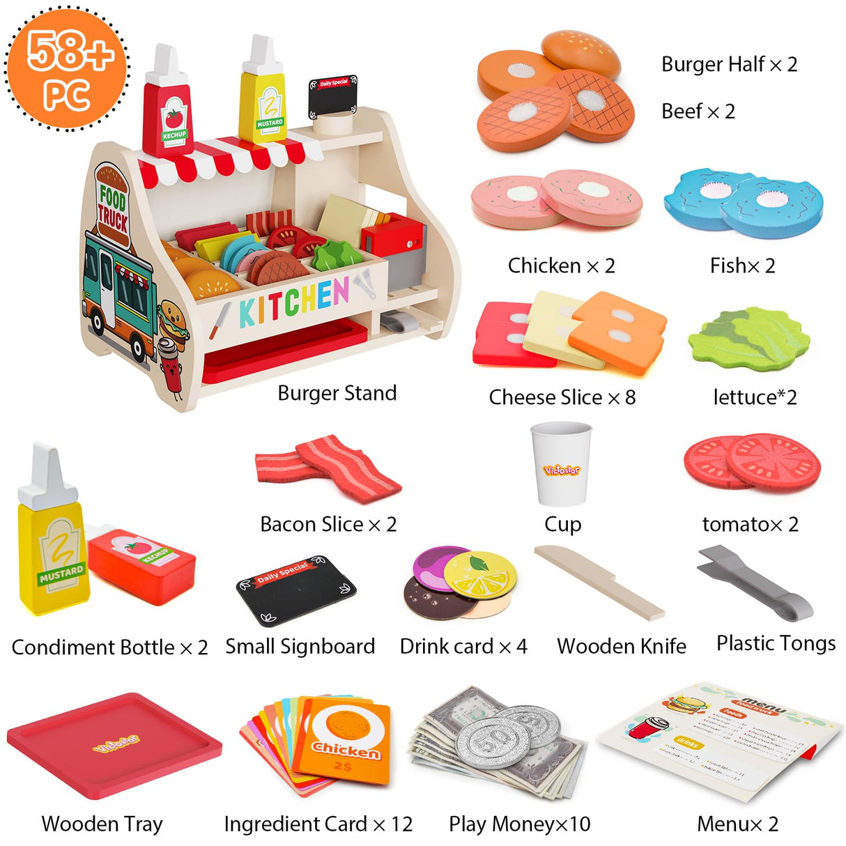 Victostar Wooden Play Food Set (58 pcs) Slice & Stack Sandwich Counter, Pretend Play Store Food Toys, Burger Shop Toys for Boys and Girls Victostar