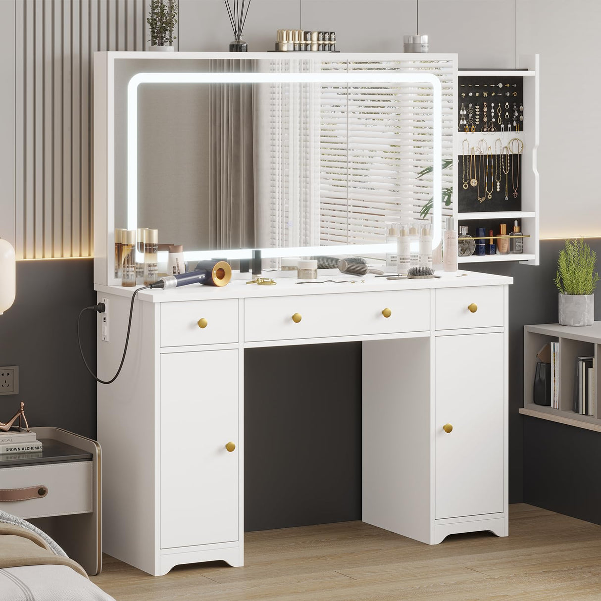 Hasuit Makeup Vanity Desk with Large Mirror and LED Lights, Vanity Table with Sliding Jewelry Cabinet and Power Outlets, Vanity with Storage Cabinets & Drawers, 3 Lighting Modes Brightness Adjustable Hasuit