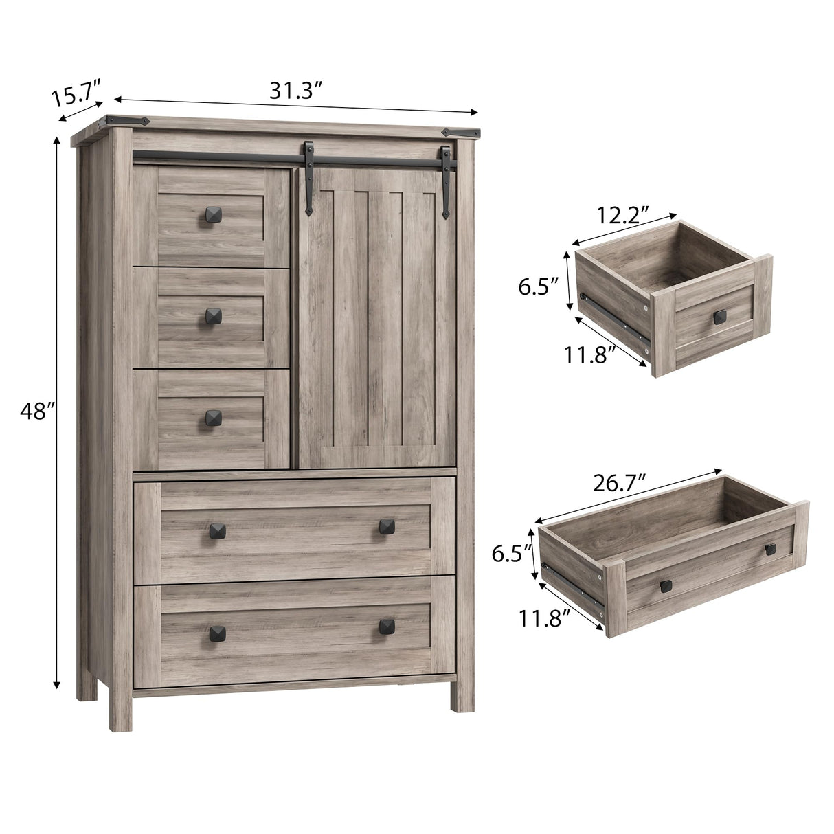 IDEALHOUSE Farmhouse 5 Drawer Dresser for Bedroom, 48" Tall Wood Dresser Chest of Drawer with Sliding Barn Door, Adjustable Shelf, Storage Organizer for Bedroom, Hallway, Living Room, Kitchen, Grey IDEALHOUSE