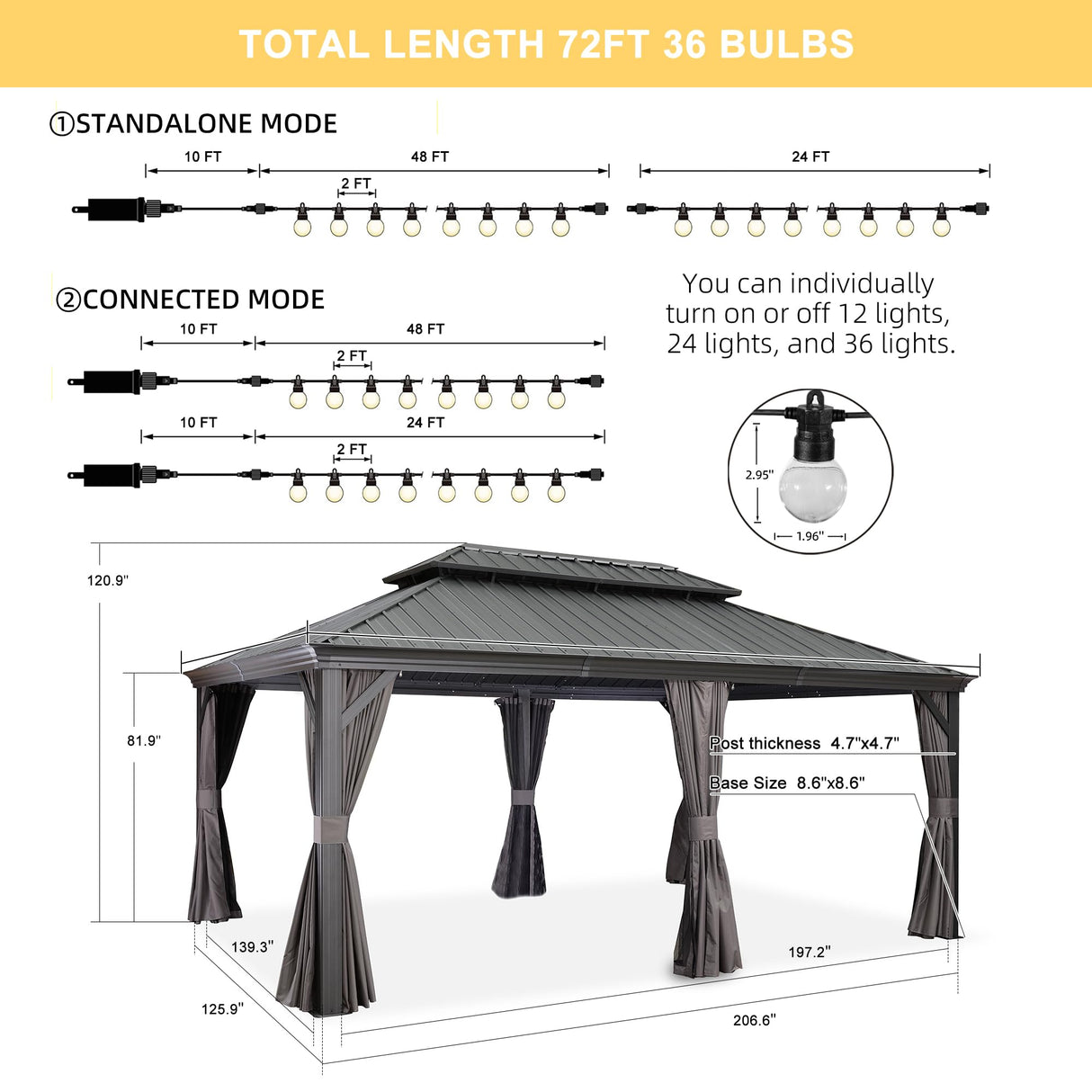 PURPLE LEAF 12' X 18' Aluminum Gazebo with Galvanized Steel Double Roof for Patio Lawn and Garden Gazebo with Light, Grey PURPLE LEAF