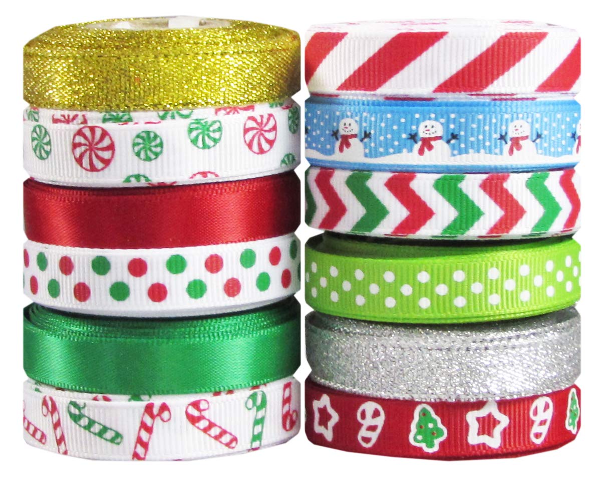 Holiday Christmas Grosgrain Ribbon Set for Gift Package Wrapping, Hair Bow Clip Accessory Making, Crafting, Decoration (60yd(12x5yd) 3/8" Grosgrain Ribbon-Xmas) Q-YO
