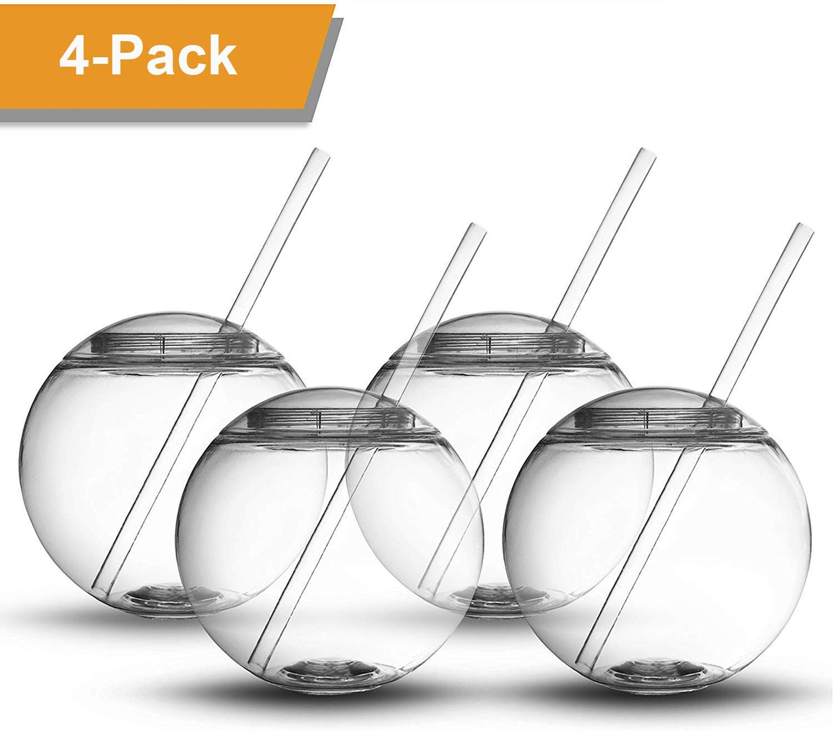 Fish Bowl for Drinks - Sphere Shaped Durable Drinking Party Cups with Cover, 4-Pack (22 oz) - Fun, Unique Design Sits Flat, 4 Straws Included - Great for Dinner and Cocktail Parties and Outdoor Use Kwirkworks