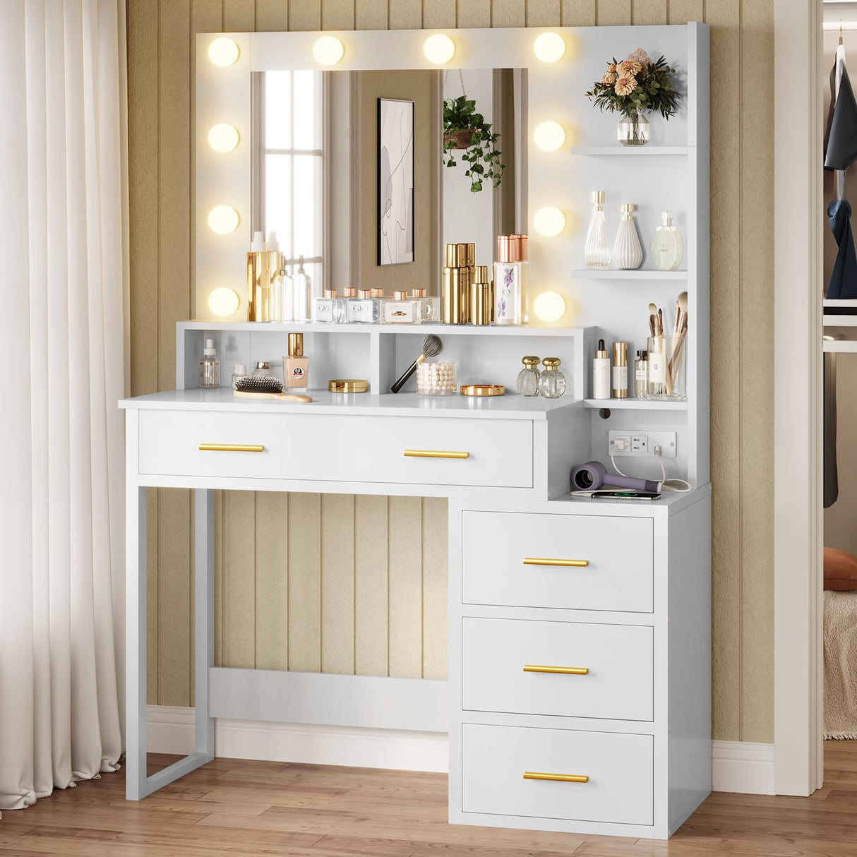 Tiptiper White Makeup Vanity with 10 Light Bulbs, Modern Vanity Desk with Mirror & 3 Lighting Modes, Vanity Table with 2 USB Ports and Outlets, Makeup Desk with Nightstand, Storage Shelves and Drawers Tiptiper