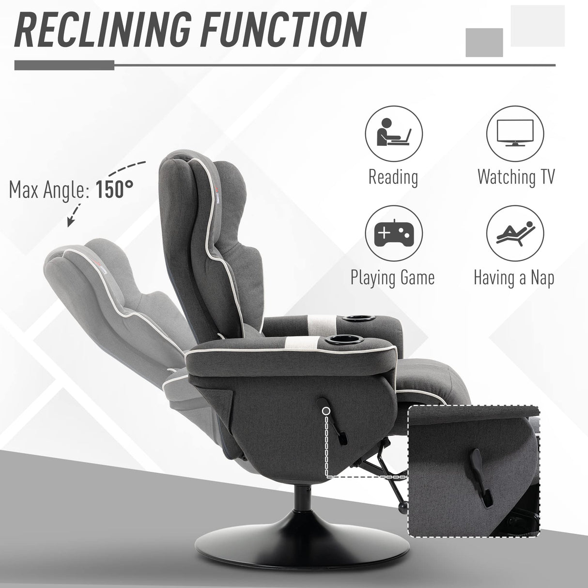 HOMCOM Manual Recliner, Swivel Lounge Armchair with Footrest and Two Cup Holders for Living Room, Black HOMCOM