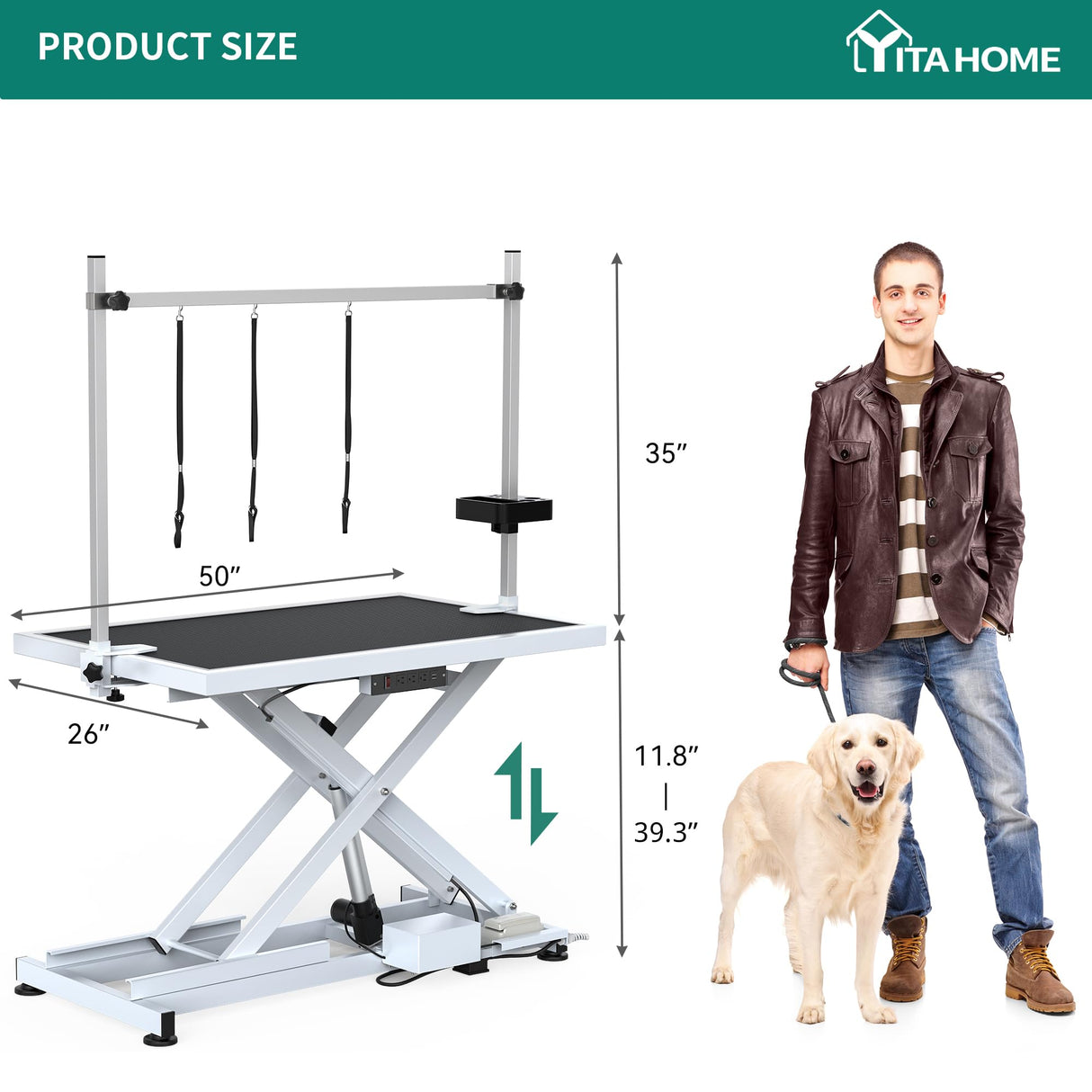 YITAHOME 50 Inch Electric Dog Grooming Table Professional Heavy Duty Pet Grooming Table for Dogs at Home, Aluminium Adjustable Overhead Arm & Tool Organizer, Large Pet Grooming Station White YITAHOME