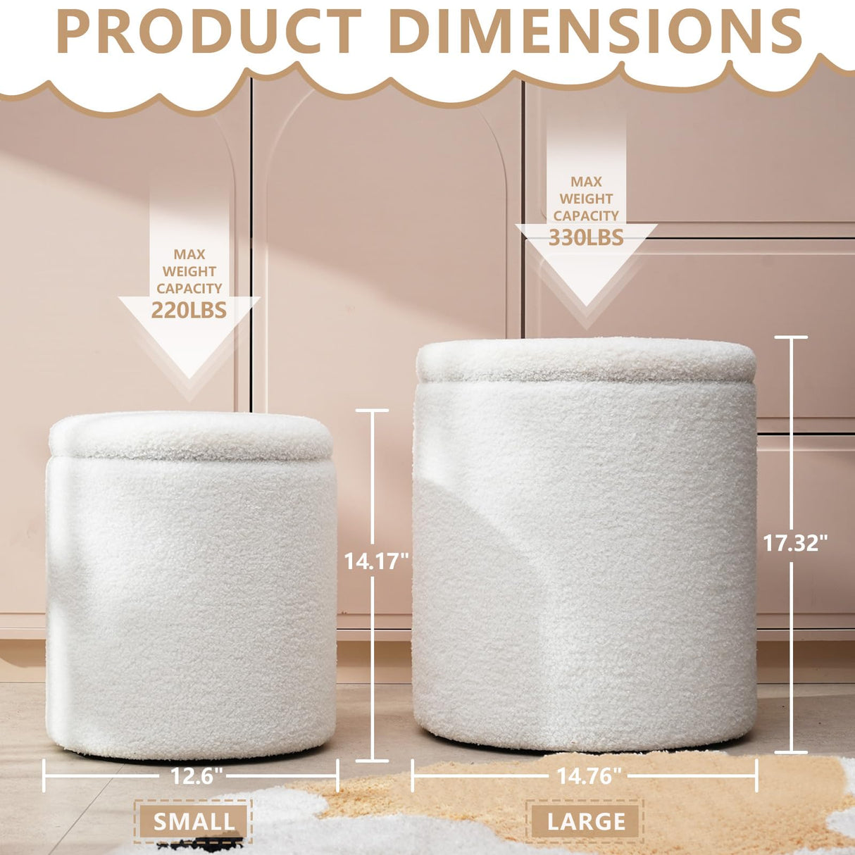 oakvivo Round Ottoman Foot Stool with Storage Set of 2, Storage Ottoman with Removable Lid, Soft Teddy Velvet Upholstered Footstool, Vanity Stool for Makeup, Foot Rest for Living Room, Bedroom, White oakvivo