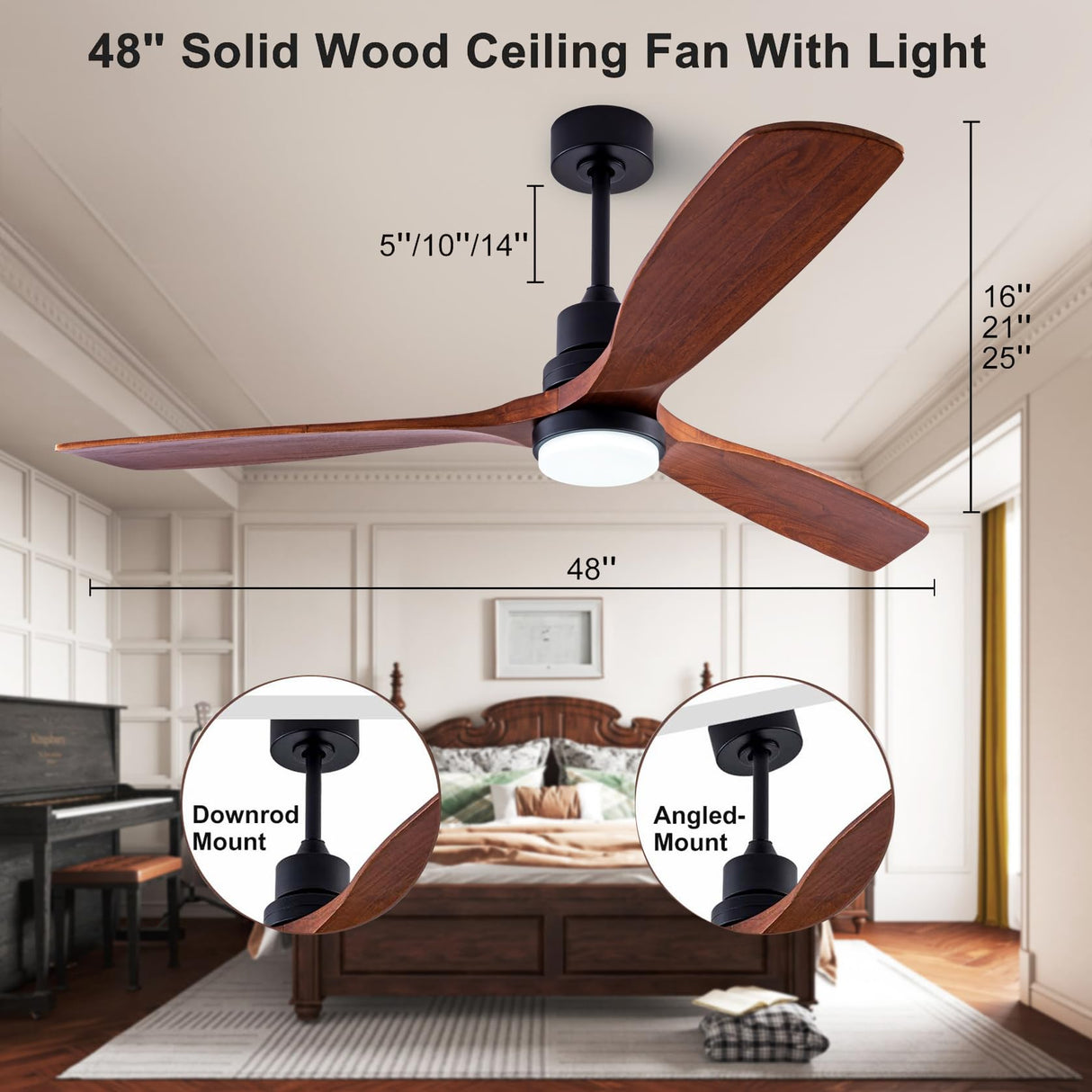QUTWOB 48" Wood Ceiling Fan with Light and Remote Control, Indoor Outdoor Wooden 3 Blades Ceiling Fan for Patio Living Room, Bedroom, Office,Reversible DC Motor(Black+Dark Walnut) QUTWOB