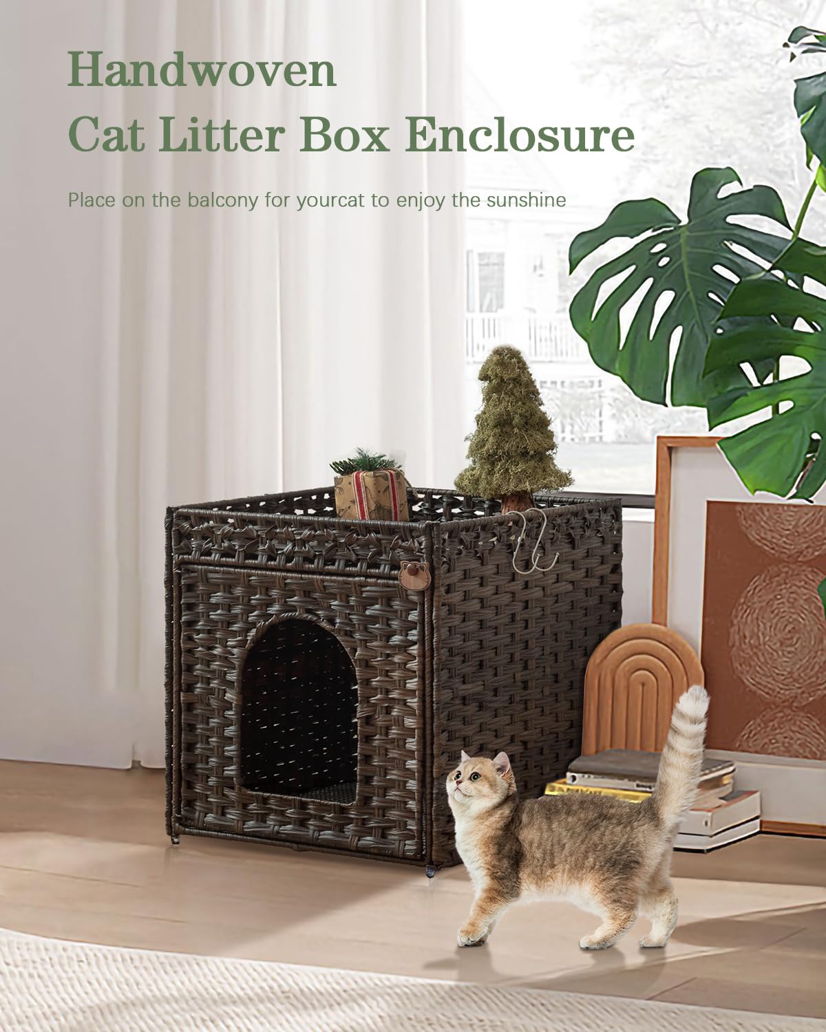 SETVSON Cat Litter Box Enclosure Cat Litter Box Furniture Hidden with Cat Litter Mat, Cat Litter Box Furniture with Two S-Shaped Hooks, Handwoven Rattan Cat House for Living Room, Bedroom, (Brown SETVSON