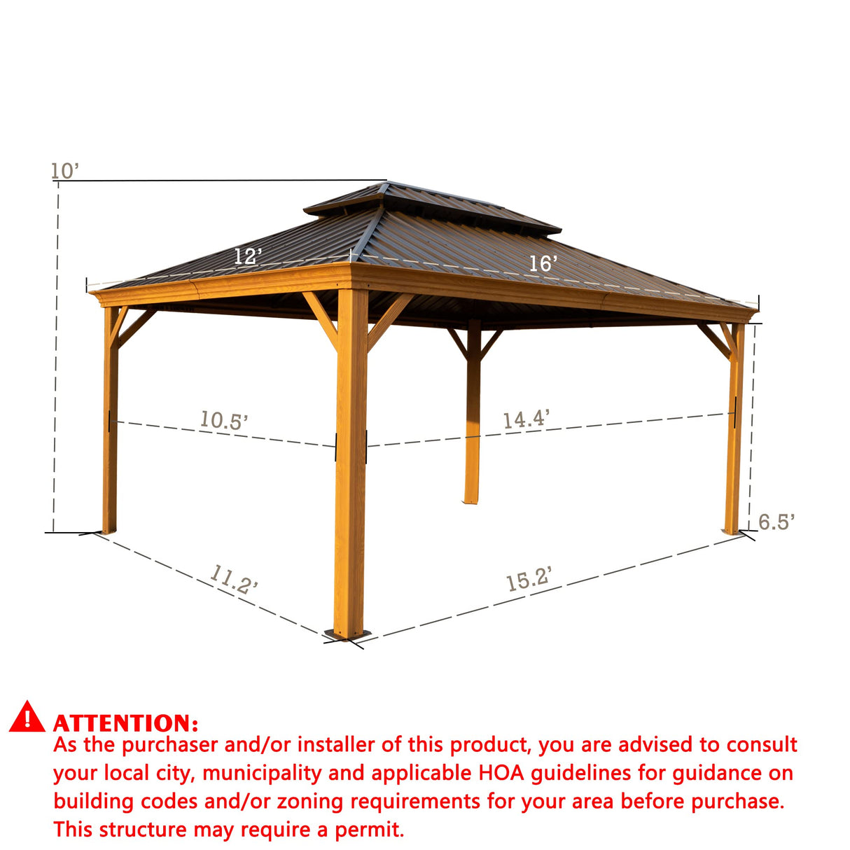 Kozyard Apollo 12’x16’ Hardtop Gazebo, Wooden Coated Aluminum Frame Canopy with Galvanized Steel Double Roof, Outdoor Permanent Metal Pavilion with Netting for Patio, Deck and Lawn (12ft x 16ft) Kozyard