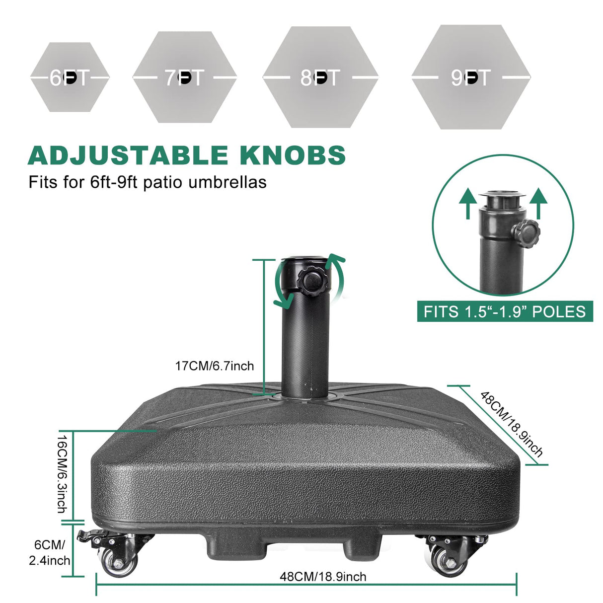 RAOKUKH DZ4733 MS Patio Umbrella Base Heavy Duty with Wheels Square Market Stand for Outdoor 4 Locks 1 Knobs 125lb Capacity, Black RAOKUKH