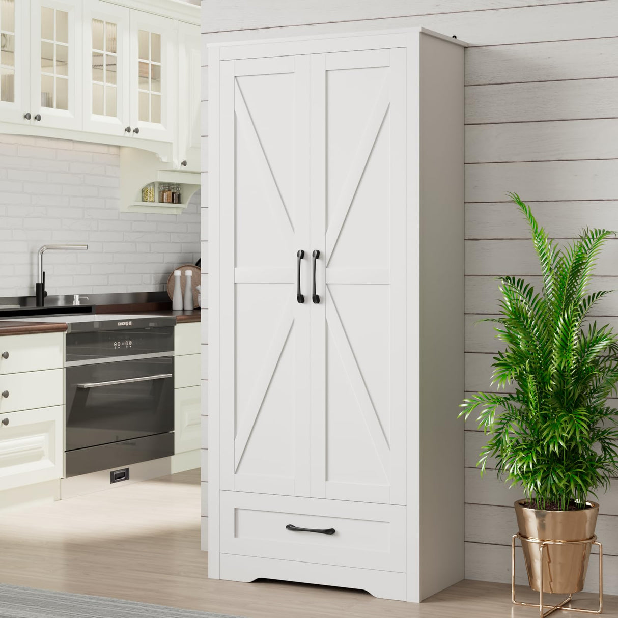 CARPETNAL 72" Tall Farmhouse Kitchen Pantry with Adjustable Shelves, Large Wood Storage Cabinet with Drawer & 2 Barn Doors, Freestanding Storage for Dining Room, Bathroom, Living Room, White, Set of 2 CARPETNAL