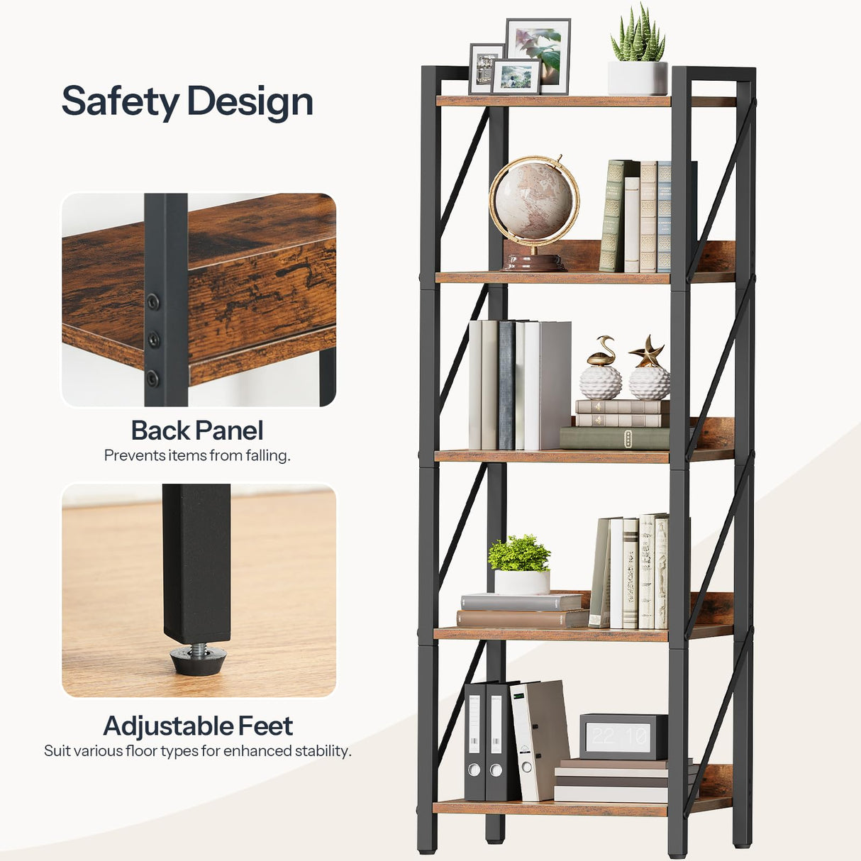 HOOBRO Bookshelf, 5-Tier Industrial Bookcase, Book Shelf Storage Organizer, Tall Bookshelf with Metal Frame for Living Room, Bedroom, Home Office, Kitchen, Rustic Brown and Black BF73SJ01