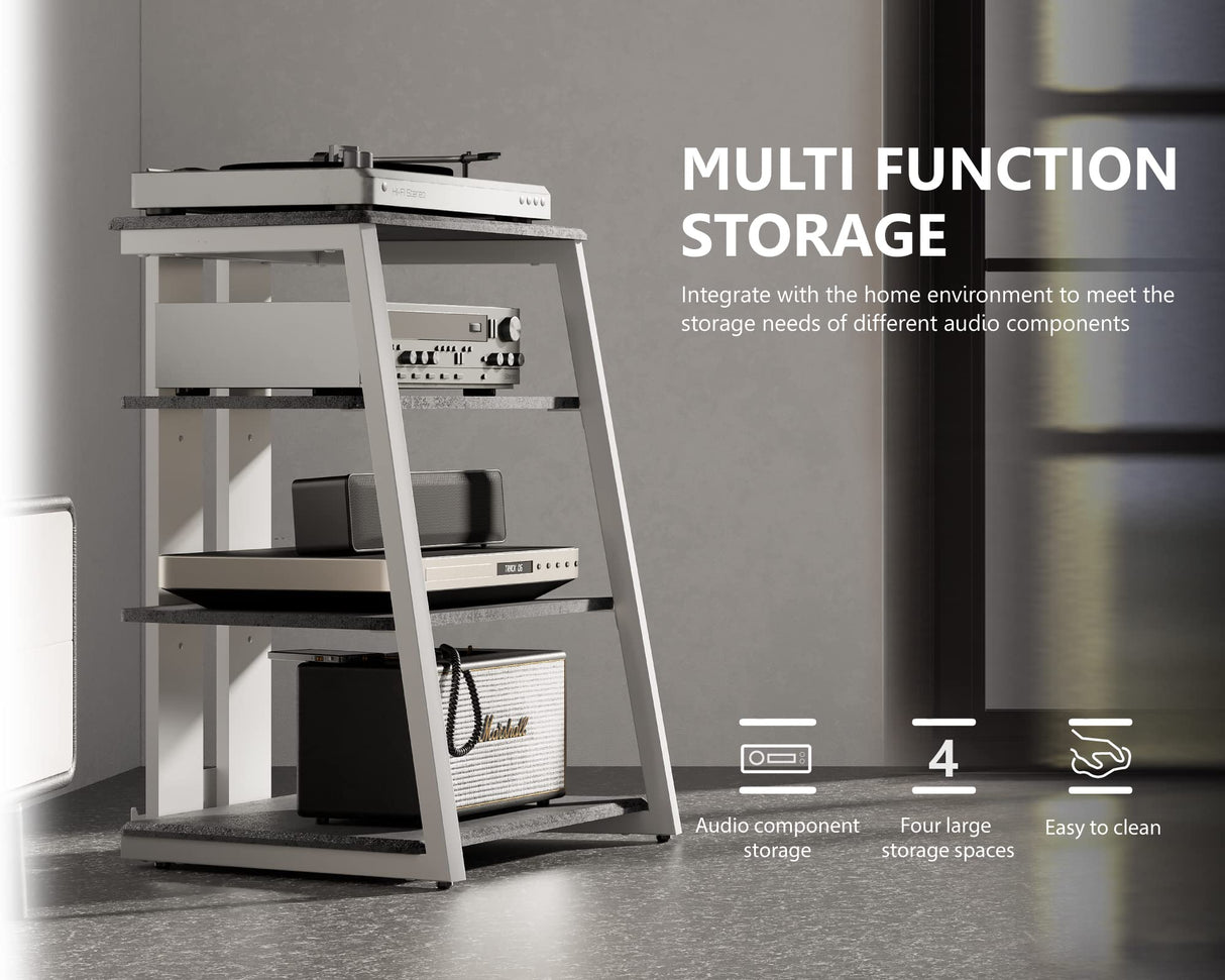 FITUEYES DESIGN 4-Tier AV Media Stand Corner Shelf Stand Wooden Corner Shelves Component Cabinet Stereo Rack Audio Tower with Height Adjustable Wooden Shelves for/Apple Tv/Xbox One/ps4 (Grey) FITUEYES