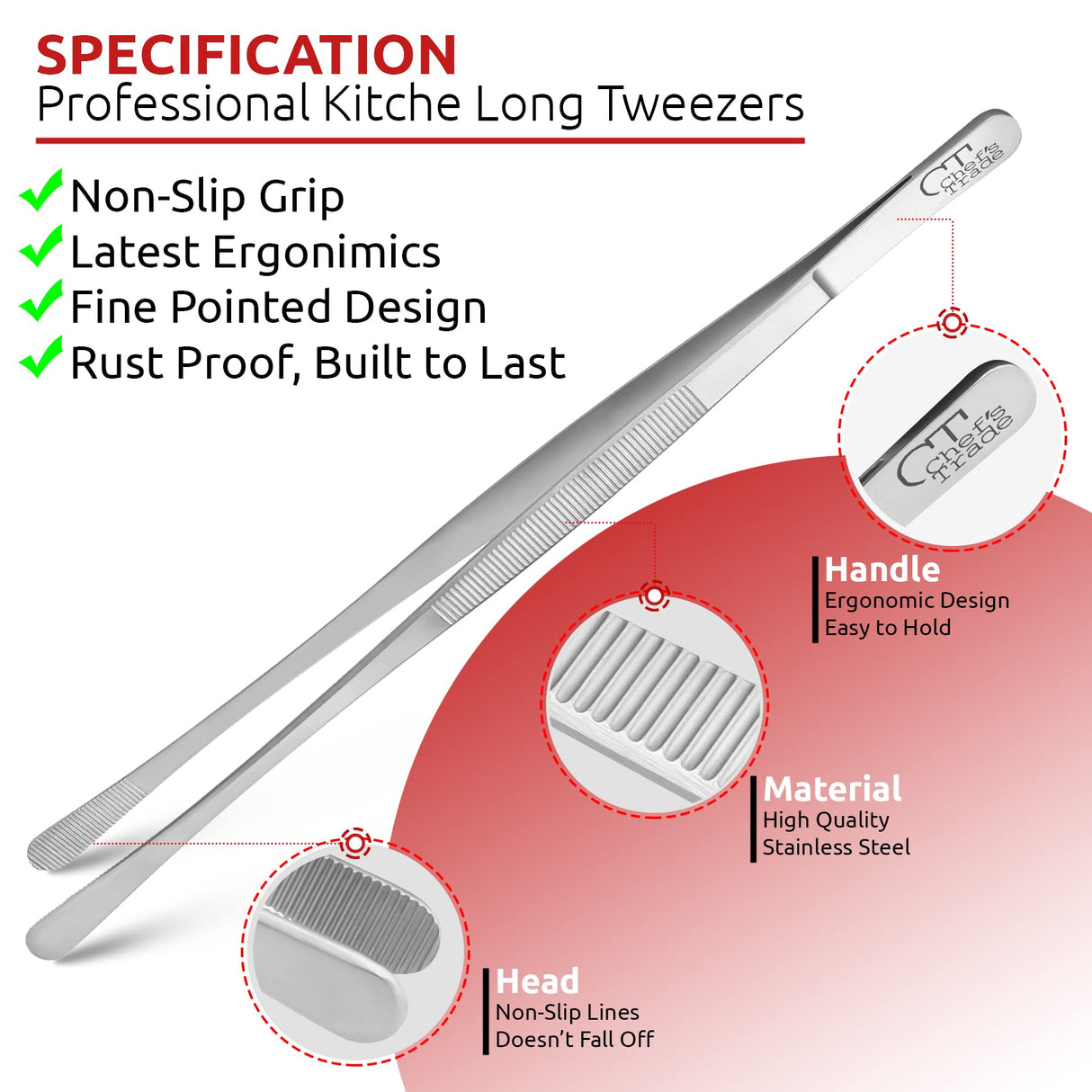 Chef's Trade Professional Kitchen & Cooking Tweezers/Tongs 12" Stainless Steel Multi-Use CHEF'S TRADE
