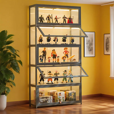 Display Cabinet, 5-Tier Curio Cabinet with Acrylic Doors, Bamboo Display Case for Figures, Display Case for Collectibles & Kids Bookcase for Home, Office, Playroom, Living Room