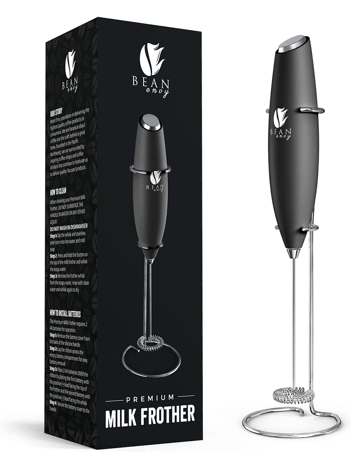 Bean Envy Milk Frother Handheld for Coffee - Electric Hand Blender, Mini Drink Mixer Whisk & Coffee Foamer Wand with Stand for Lattes, Cappuccino, Matcha and Hot Chocolate - Kitchen Gifts - Black Bean Envy