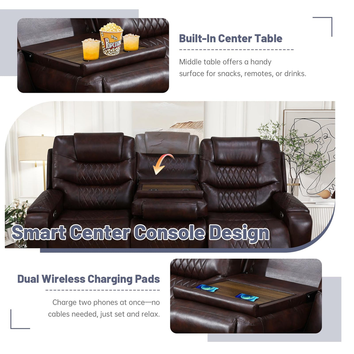 3+2+1 PU Leather Power Sectional Sofa Set, Living Room Furniture, Reclining Couch, Loveseat, Chair with LED Lights/USB Ports/Storage Console/Cup Holders/Wireless Chargers/Coffee Table for RV Theater NicBex