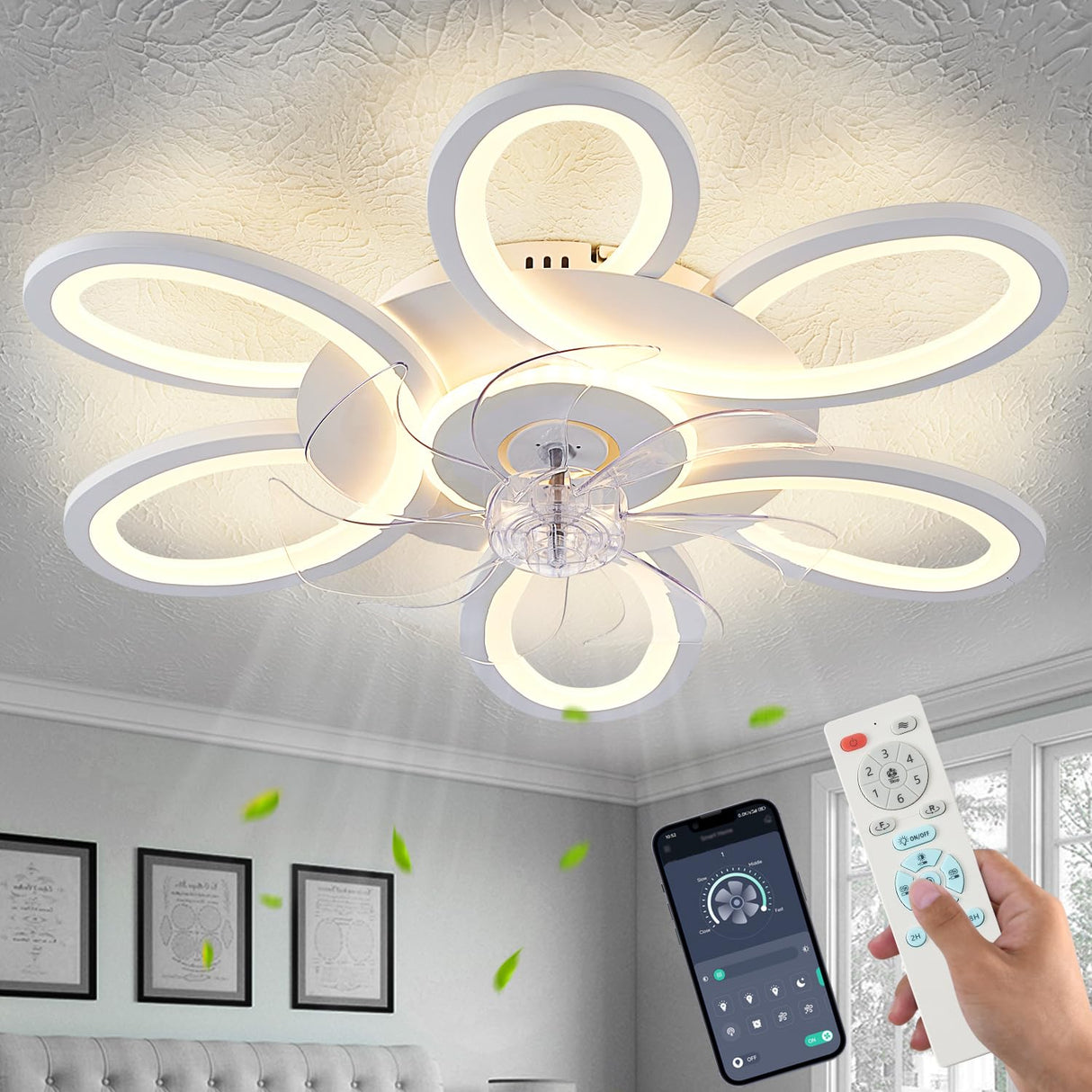 SIJINCHEN Ceiling Fans with Lights and Remote, 25 Inch Modern Low Profile Flush Mount Ceiling Fan, Dimmable LED Ceiling Light Fixture, Small Ceiling Fans for Bedroom, Kitchen, Indoor-White SIJINCHEN