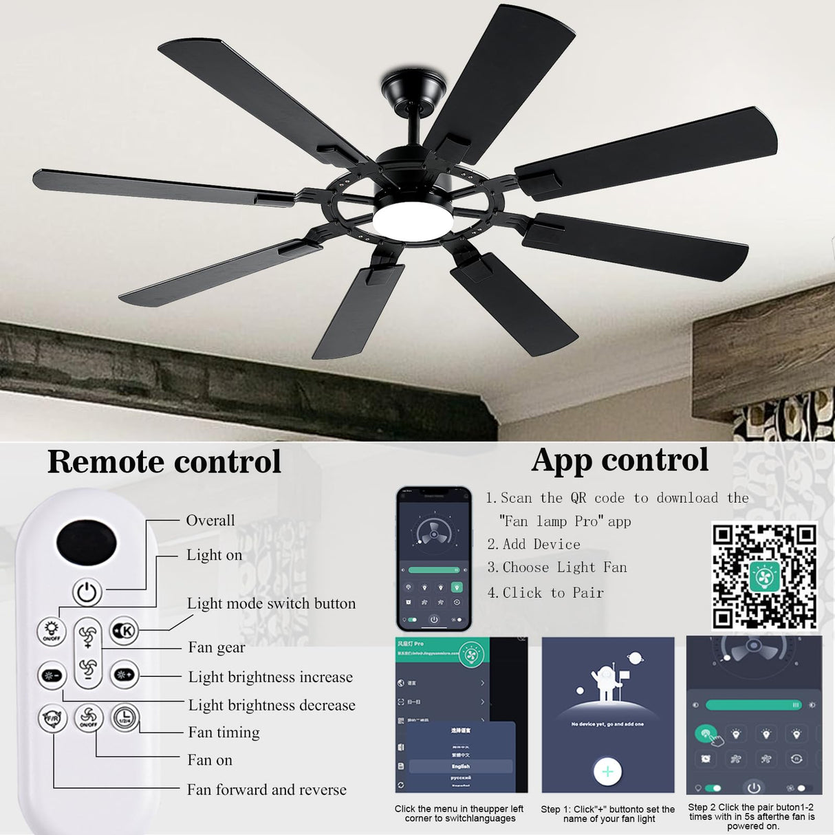 FUMLTP 62 Inch Ceiling Fans with Lights, Large Low Profile Ceiling Fan with Remote Control, 8 Double Sided Blades, 6 Speed Reversible DC Motor, Silent Timing, Black Indoor Outdoor Ceiling Fan FUMLTP
