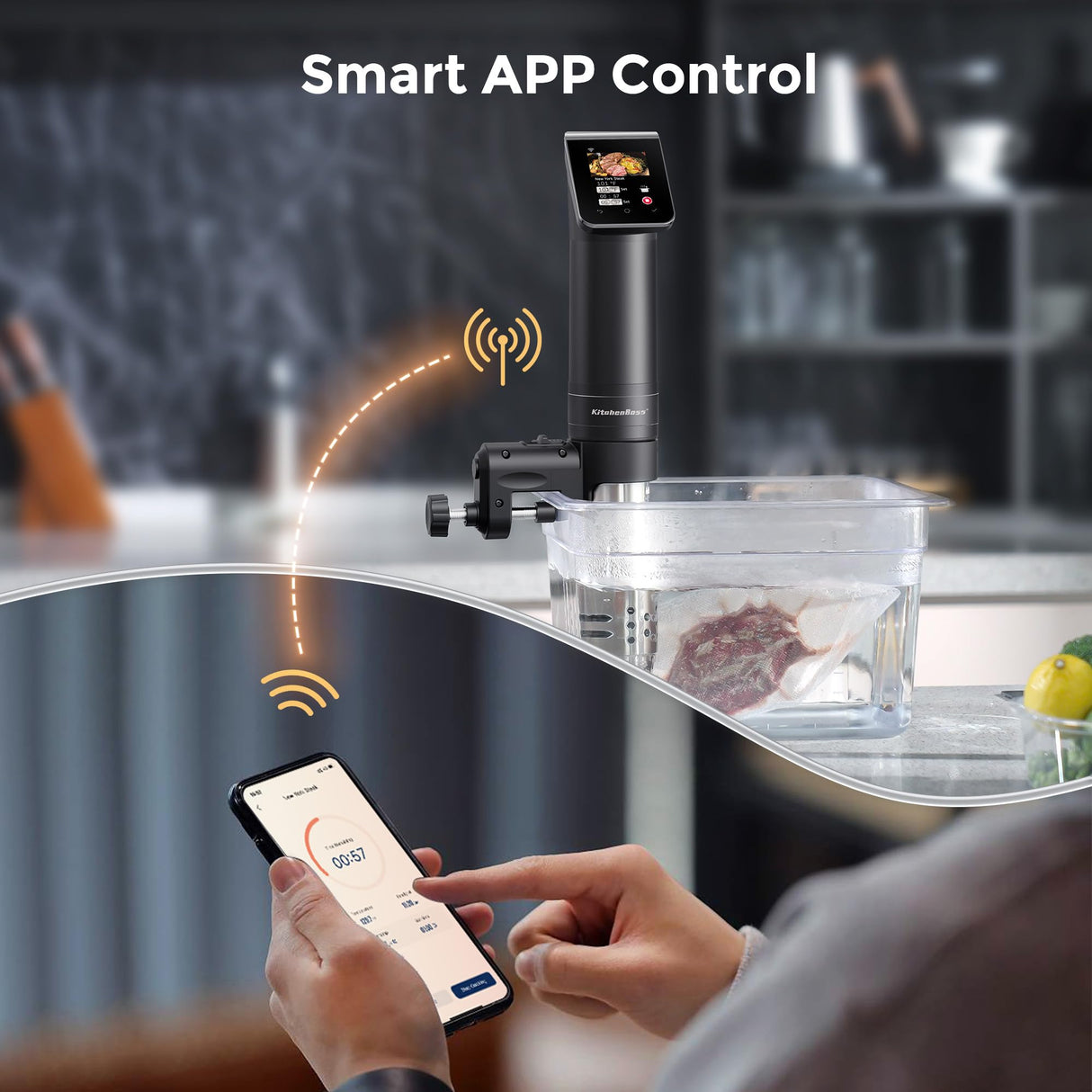 KitchenBoss WIFI Sous Vide Cooker: Ultra-Quiet Sous-vide Cooking Machine 1100 Watts Stainless Steel Immersion Circulator for Kitchen with TFT Preset Recipes, Black KitchenBoss