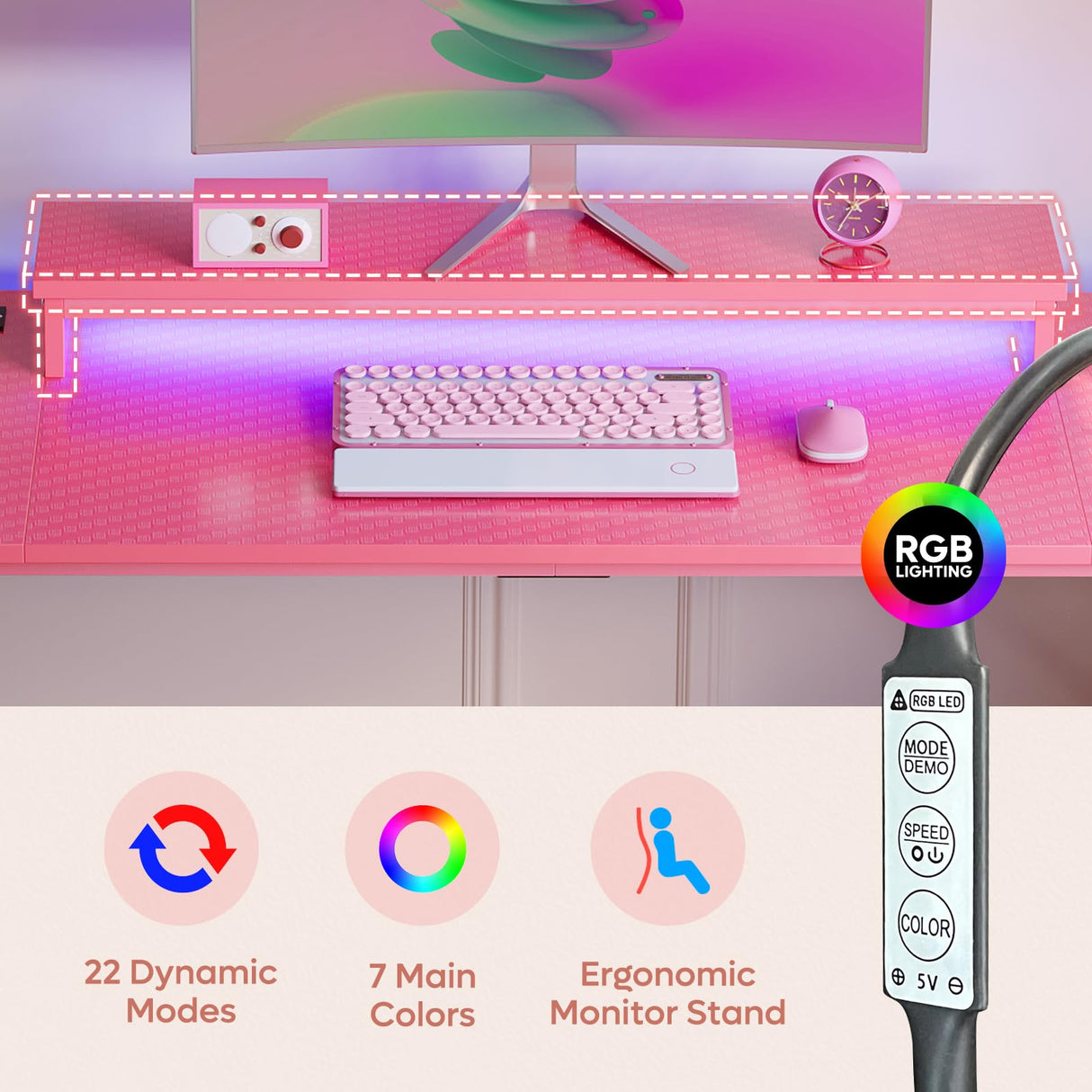 Bestier 52 Inch Gaming Desk with Power Outlets and USB Charging Ports, LED Small Computer Desk with Monitor Stand, Home Office Desk with Cup Holder & Headset Hooks, Desk for Office, Carbon Fiber Pink Bestier