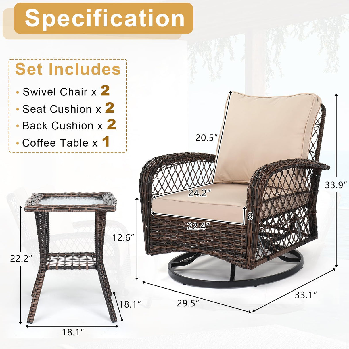 VINGLI 3 Pieces Outdoor Swivel Chairs Set of 2 and Side Table, Wicker Outdoor Rocking Chairs Patio Swivel Rocker Chairs Set for Porch Deck Backyard VINGLI