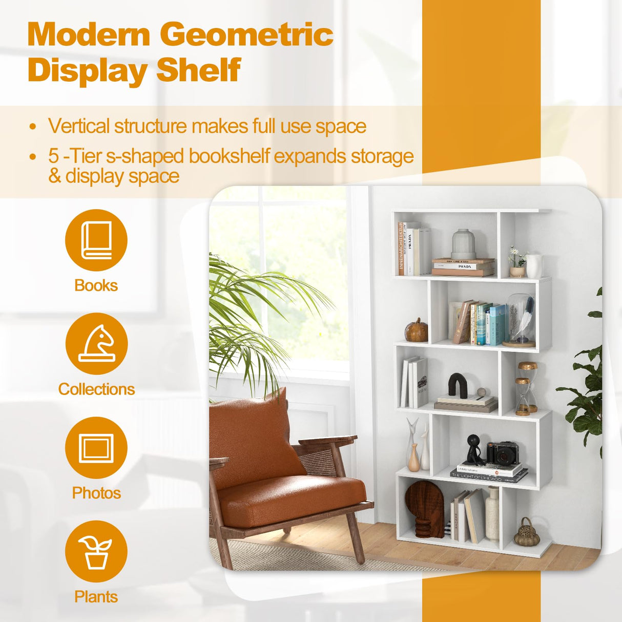 Byroce 5-Tier Geometric Bookcase Set of 2, 62.5” Freestanding Room Divider Bookshelf with Open Display Shelves & Anti-tip Device, Wood S-Shaped Storage Organizer for Living Room, Bedroom & Home Office WoodArtSupply
