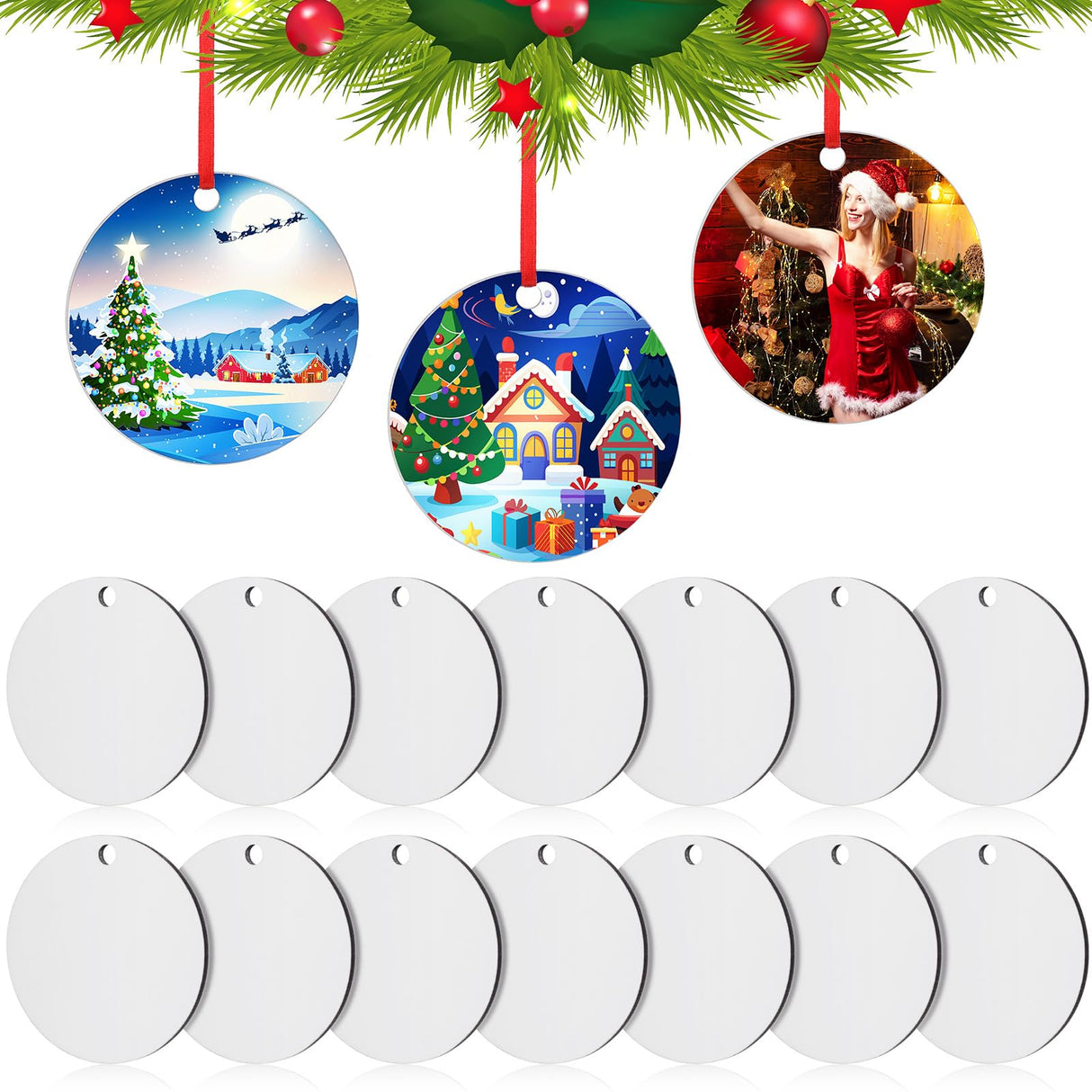 WILLBOND Sublimation Blank Pendants, MDF Personalized Sublimation Pendant Blank Bulk Halloween Christmas Ornaments Discs Supplies for DIY Decor (24 Pieces) WILLBOND