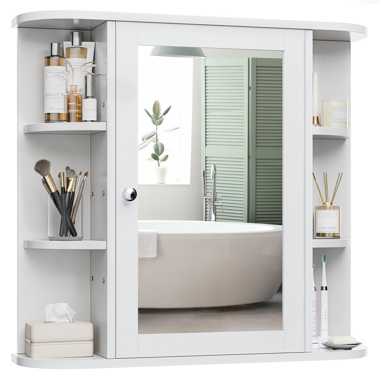 Meilocar Bathroom Medicine Cabinet, Bathroom Mirror Cabinet Wall Mounted with 6 Side Open Shelves, White Wall Cabinet with Mirror, White Meilocar