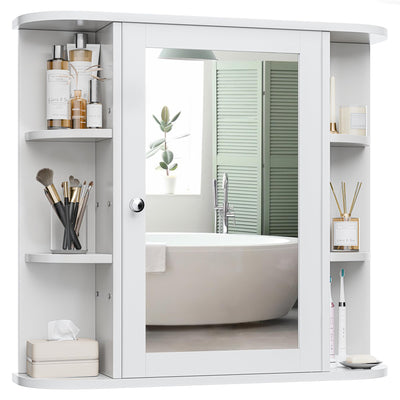 Meilocar Bathroom Medicine Cabinet, Bathroom Mirror Cabinet Wall Mounted with 6 Side Open Shelves, White Wall Cabinet with Mirror, White
