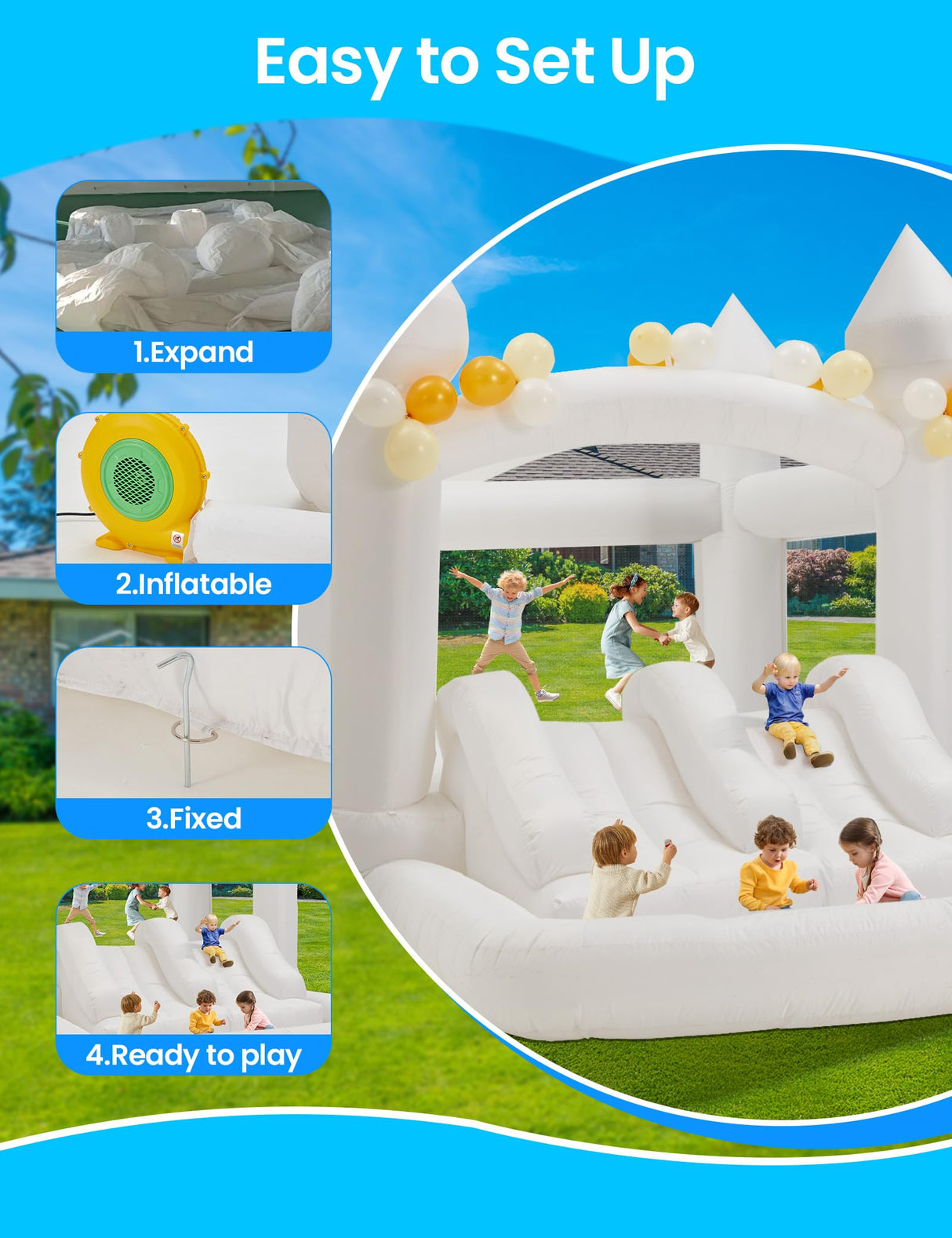 BUPPLEE Inflatable White Bounce House Jumping Castle with 480W Air Blower, 13x8x8FT Large Indoor Outdoor Bouncy Castle Theme for Kid and Adult with Slide & Ball Pit Perfect for Parties Events All Ages BUPPLEE