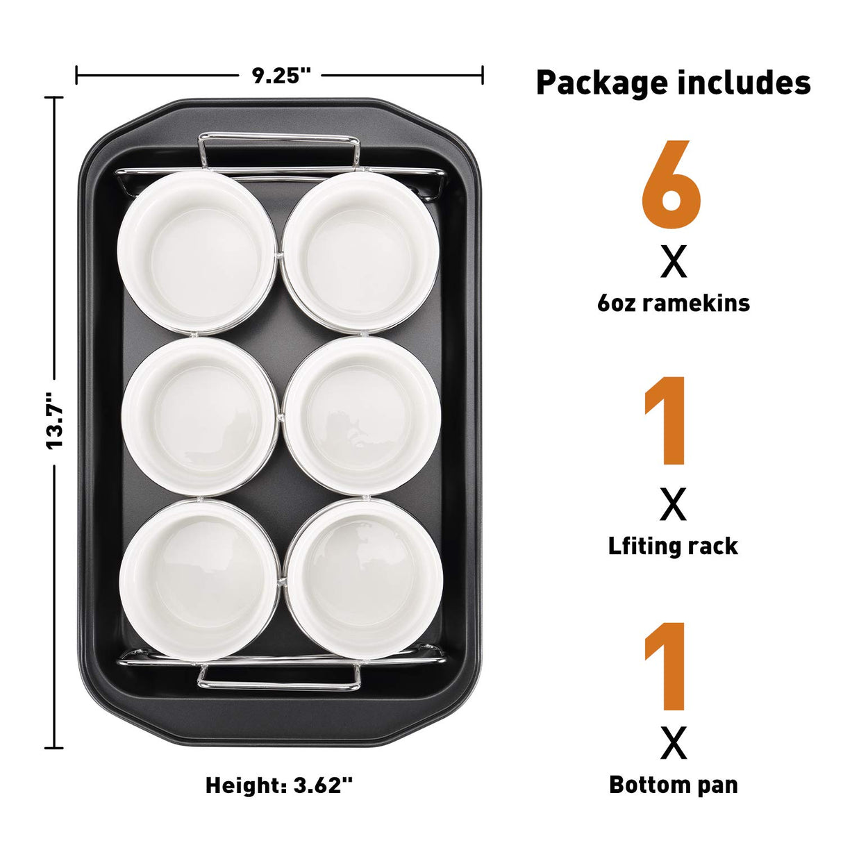 Creme Brulee Making Set - 6 Porcelain Ramekins 6 oz, 304 Stainless Steel Lifting Rack, 9" X 13" Bottom Pan SOLIGT