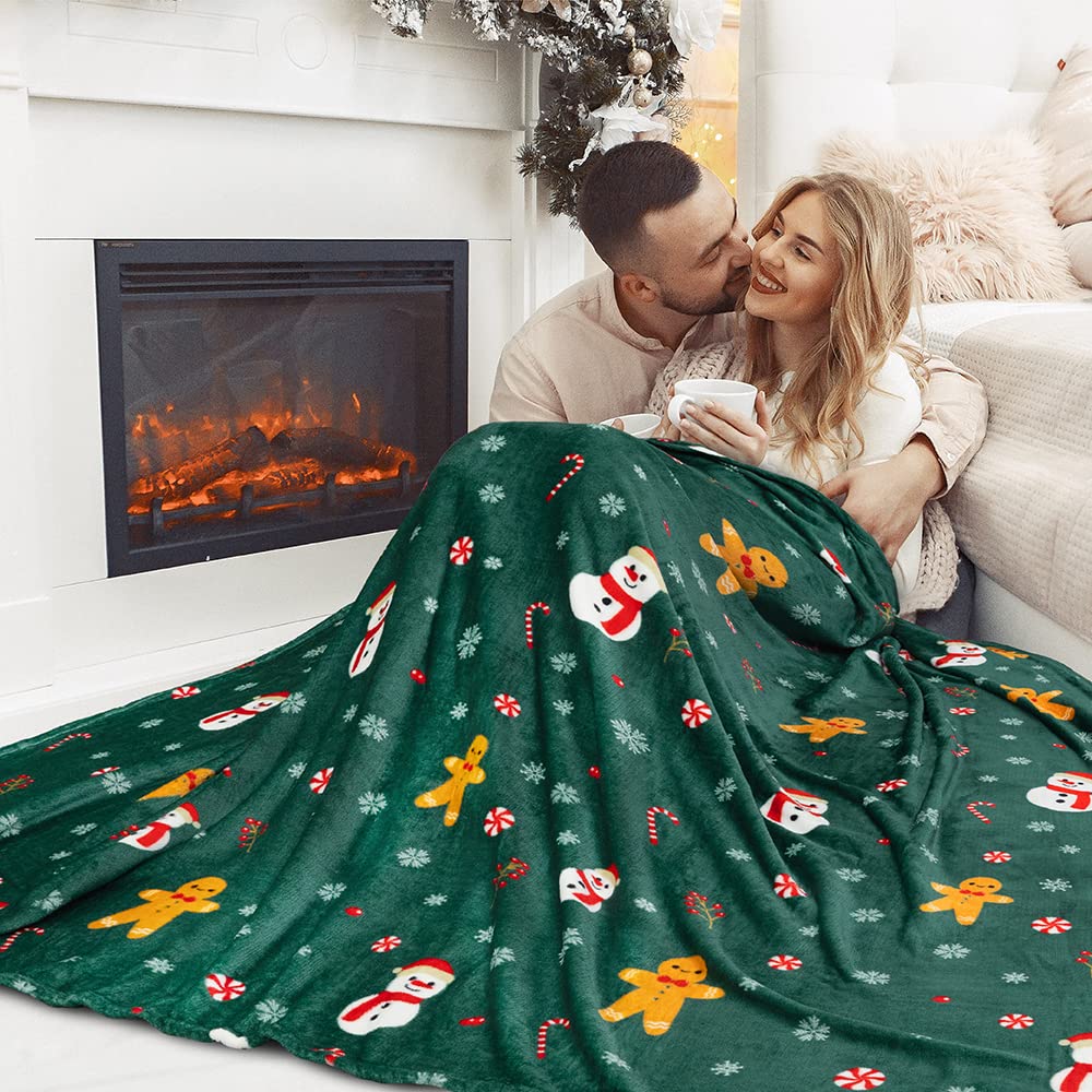 PAVILIA Christmas Gingerbread Throw Blanket | Green Holiday Christmas Fleece Blanket | Soft, Plush, Warm Winter Cabin Throw, 50x60 (Green Gingerbread) PAVILIA
