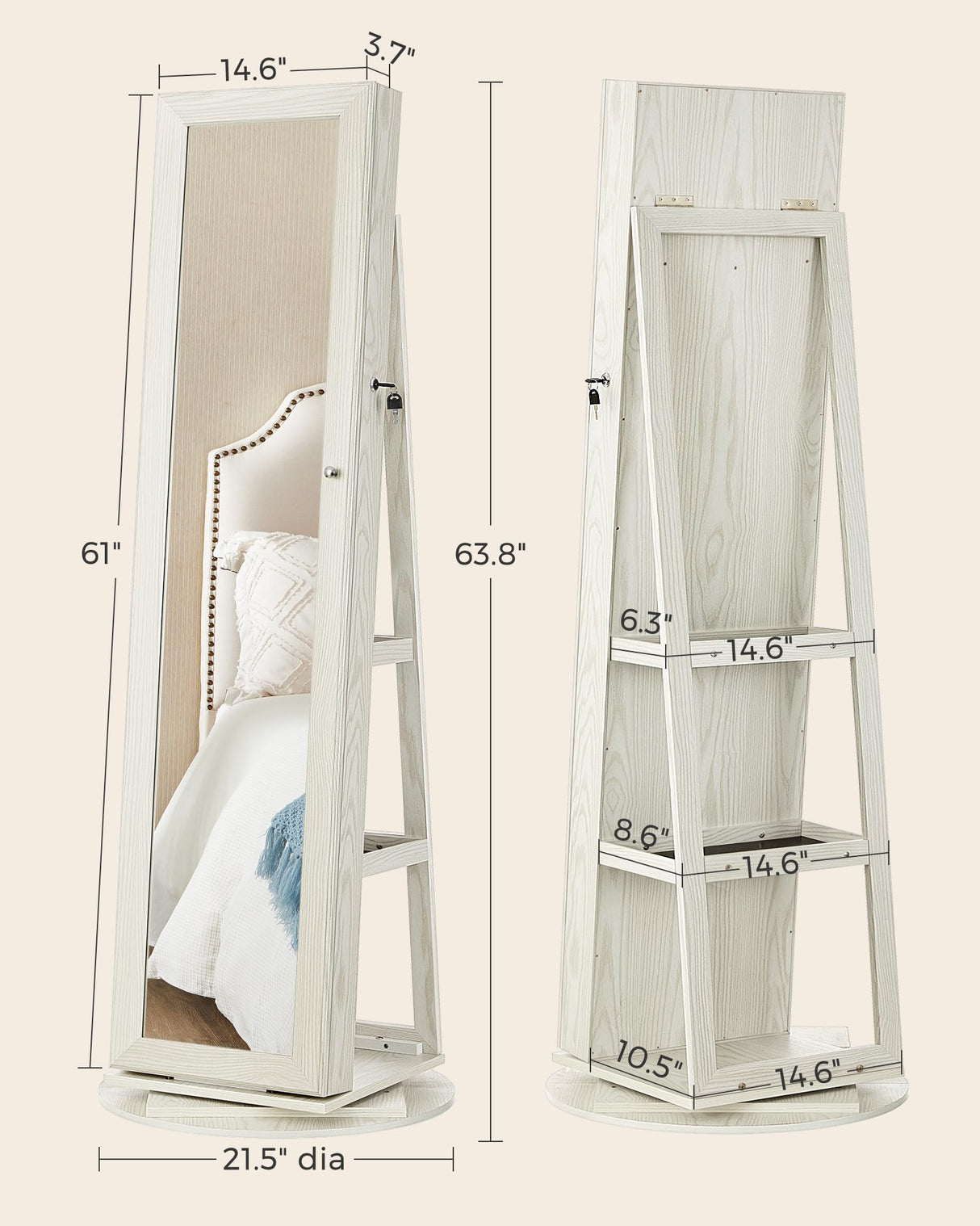 SONGMICS 360° Swivel Jewelry Cabinet, Lockable Jewelry Organizer with Full-Length Mirror, Rear Storage Shelves, Interior Mirror, Jewelry Armoire, Gift Idea, White with Gray Wood Grain UJJC006W01 SONGMICS