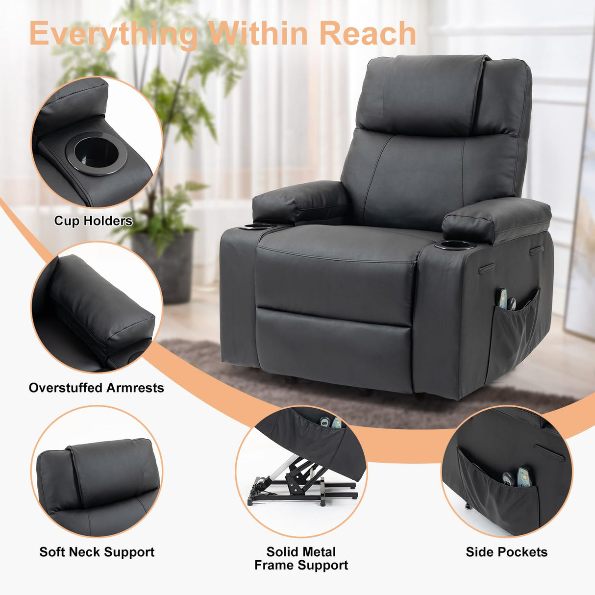 Power Lift Recliner Chair for Elderly, Electric Stand Assist Reclining Chair with Massage and Heat Function, Leather Living Room Furniture, Comfy Single Sofa with Cup Holders, Side Pockets, Black BRTHORY