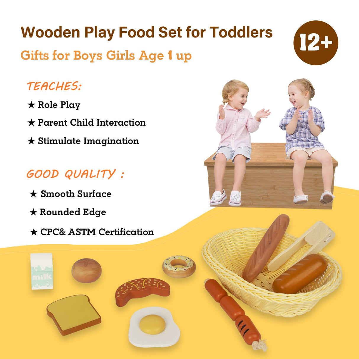 WOODENFUN Wooden Breakfast Toy Food Playset,Kids Pretend Play Food Kitchen Accessories with Storage Basket,Toddlers Fake Food Gift for Boys and Girls 2 Years Old Up WOODENFUN