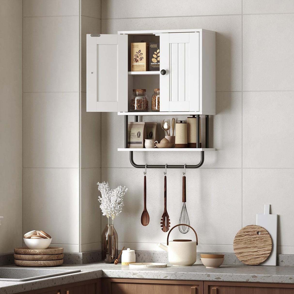 HOOBRO Bathroom Wall Cabinet, Modern Medicine Cabinet with Open and Adjustable Shelf, Over The Toilet Storage Cabinet with Towel Bar, Wall Mounted Organizer for Bathroom, Kitchen, White and Black HOOBRO