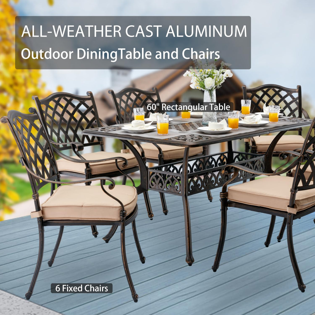 AIWOEN 7-Piece Cast Aluminum Patio Furniture, Patio Dining Set for 6 Include 59" Rectangular Outdoor Dining Table and 6 Stackable Chairs with Cushions & Umbrella Hole (Bronze) AIWOEN