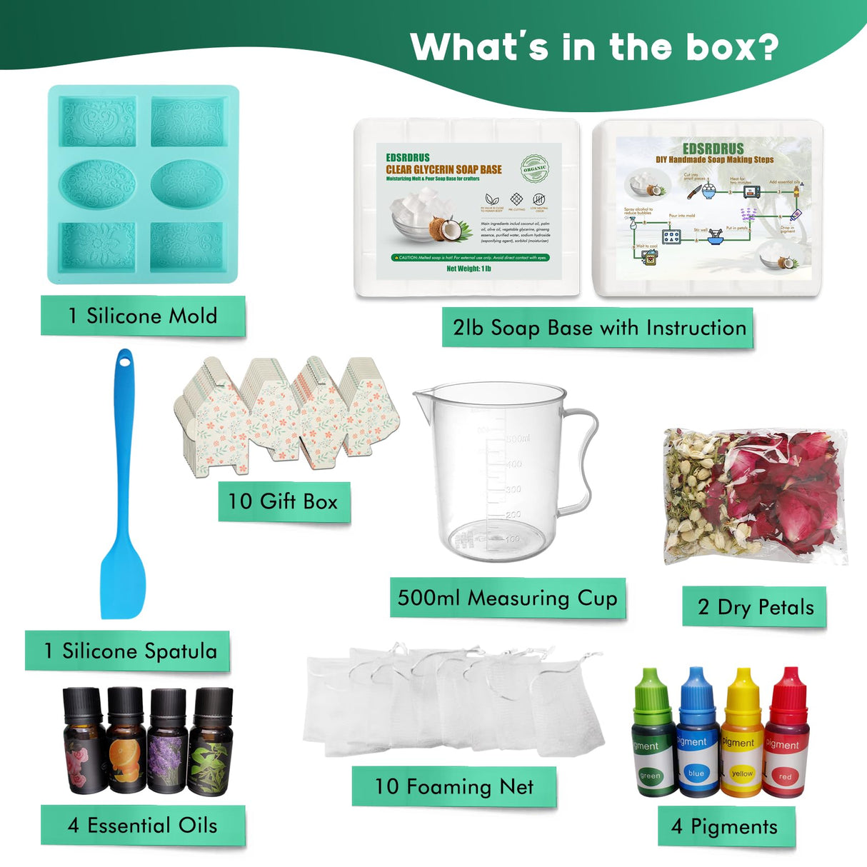 EDSRDRUS Soap Making Kit for Adults & Kids - Soap Making Supplies with 2lbs Glycerin Soap Base, Silicone Molds, Dried Petals, Fragrance Oils, Pigments & More - Fun, Easy, Creative DIY Craft Kits EDSRDRUS