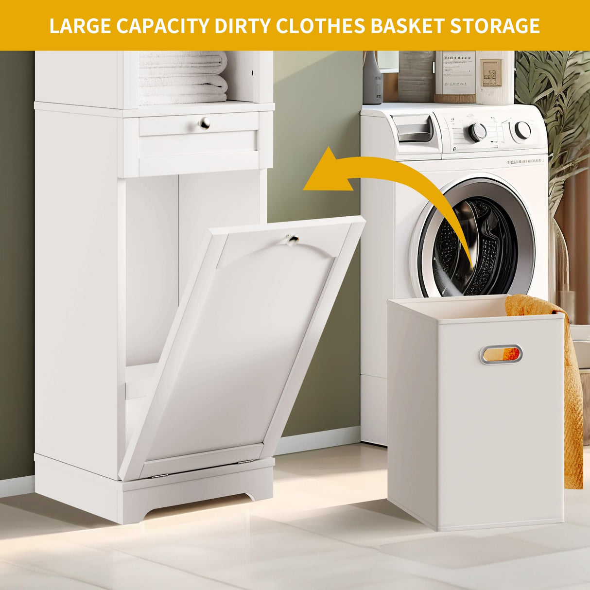 DWVO Tilt Out Laundry Hamper, Laundry Hamper Cabinet with Shelf Hidden Laundry Hamper, Bathroom Hamper with Storage with Removable Laundry Basket and Drawer, White DWVO