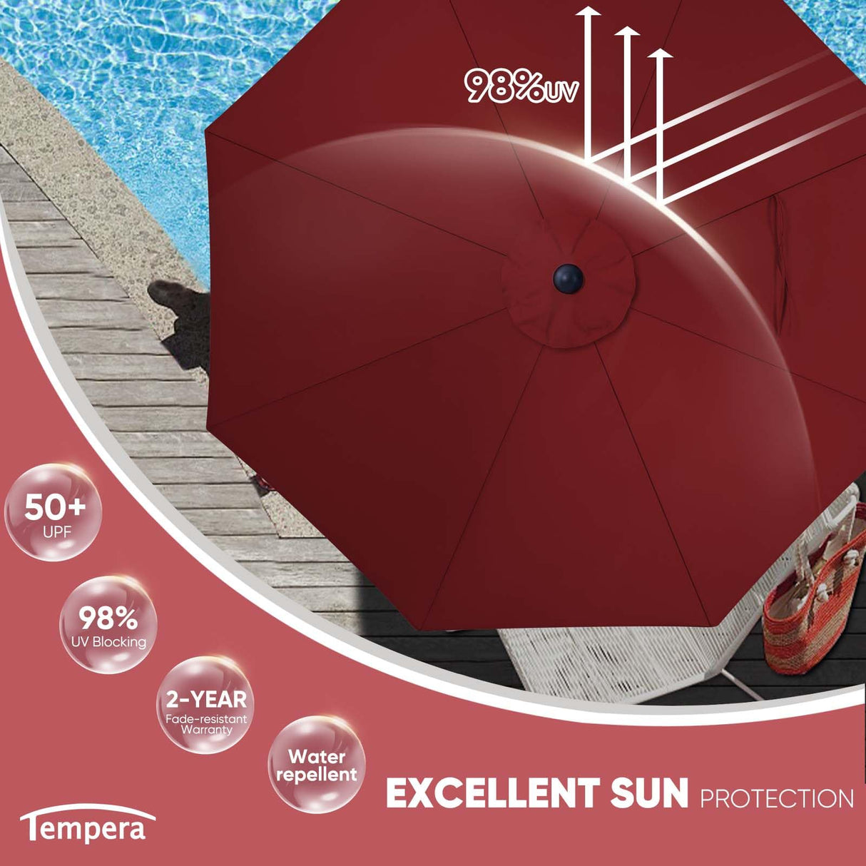 Tempera 10ft Patio Market Outdoor Table Umbrella with Auto Tilt and Crank,Large Sun Umbrella with Sturdy Pole&Fade resistant canopy,Easy to set,Chili Tempera