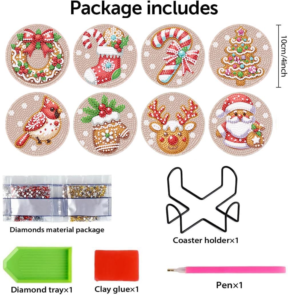 8 Pcs Diamond Art Coasters for Adults,5D DIY Diamond Painting Coasters Kit with Holder,Easy Christmas Diamond Painting for Beginners,Holiday Decor. Amzdiyfun