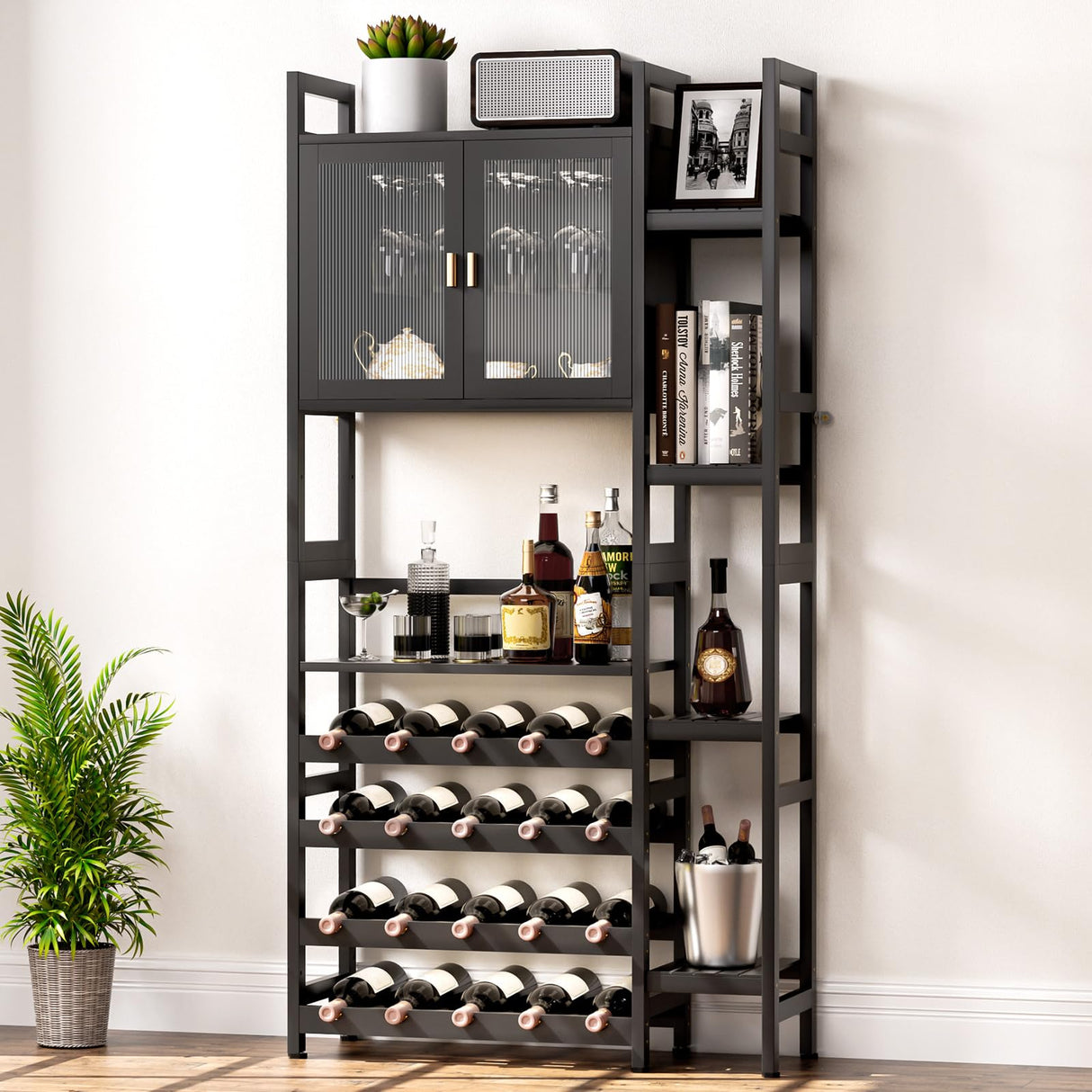 Cozivolife Wine Rack Freestanding Floor,Liquor Bottles Display Organizer with Doors Glass Holder,4 Tiers for Alcohol Accessories Storage and Side 4-Layer Shelves (Black) Cozivolife
