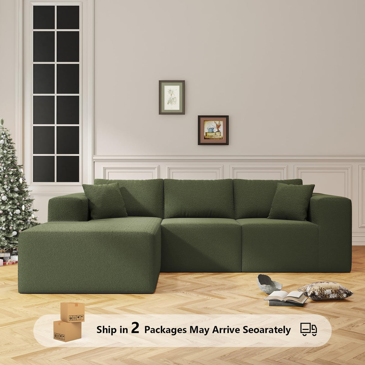108" Cloud Sectional Couch with L-Shape Chaise,4 Seat Modern Modular Sofa with Deep Seat, Upholstered Couches for Living Room Bedroom, Sectional Boneless Couch (Green, 108"+Left Facing Chaise) SYFERLORY