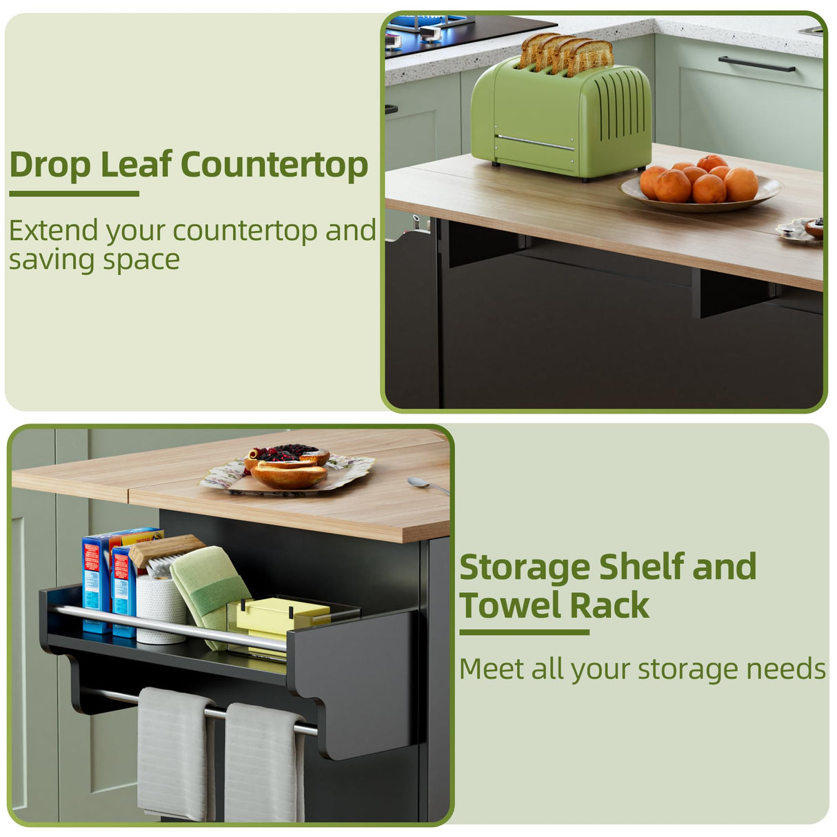 55.6“ Kitchen Island On Wheels, Rolling Kitchen Island Cart with Drop Leaf, Kitchen Storage Cabinet with 3 Drawers and Inner Adjustable Shelves for Dining Room/Living Room, Towel Rack Spice Cart Black VALONDINO