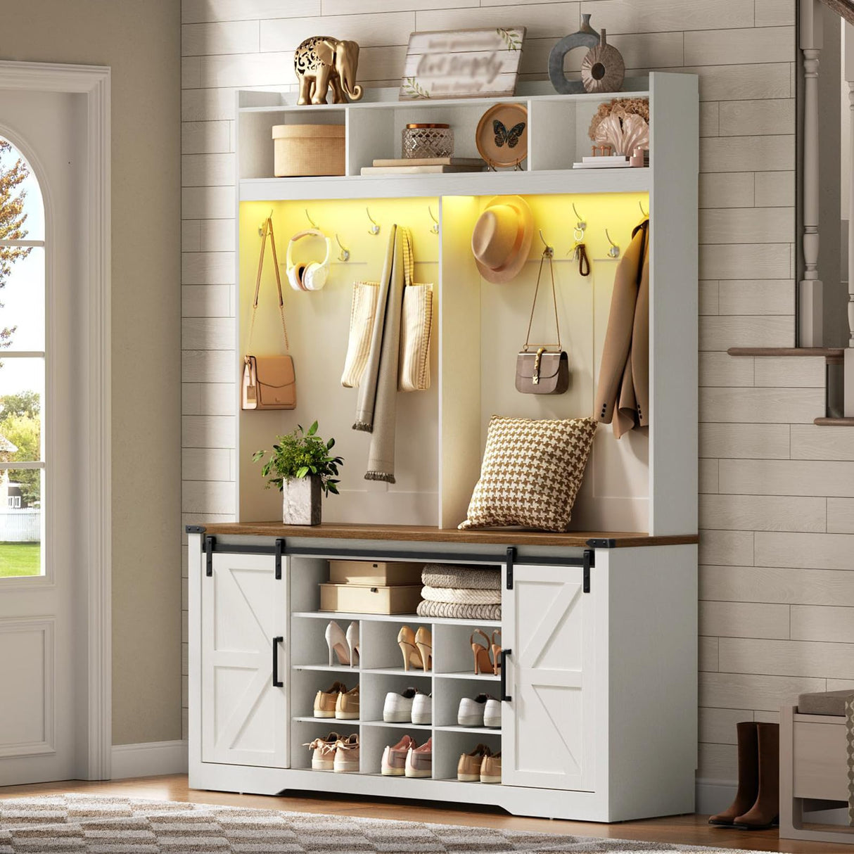 RALGEND Hall Tree with Bench and Shoe Storage, LED Coat Rack with 9 Shoe Cubbies and 12 Hooks, Sliding Barn Doors and Adjustable Shelves, for Foyer, Mudroom, Entryway, White and Walnut RALGEND