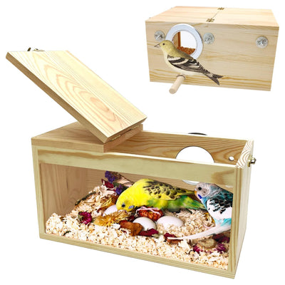 PINVNBY Large Natural Wood Parakeet Nesting Box Budgie Breeding Box Acrylic Bird Nest for Cage Transparent Panoramic for Birds, Parrots, Cockatiels, Lovebirds, Canaries (L: 13.3 x 7.8 x 7.08 inch)